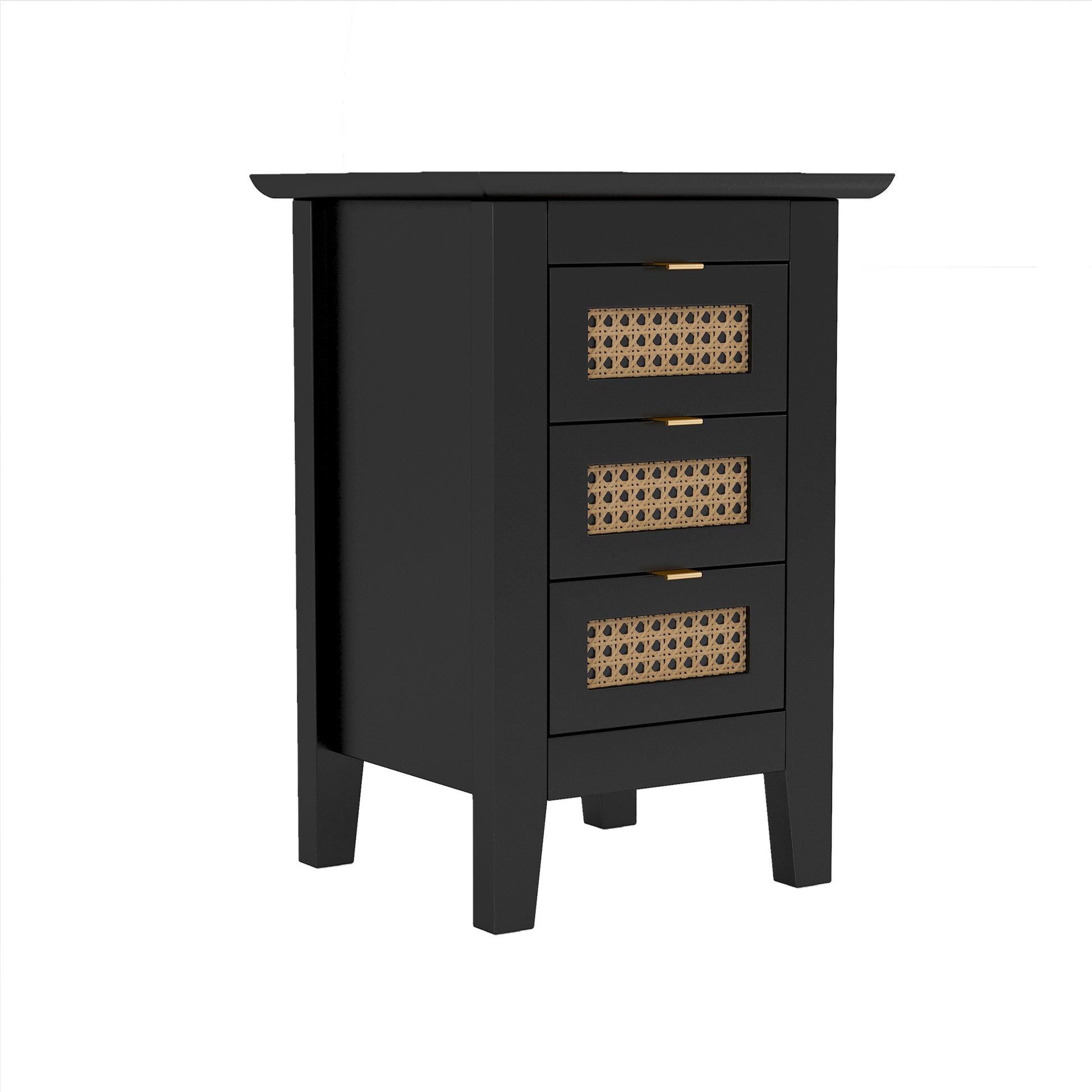 3 Pieces Bedroom Sets Full Size Wooden Platform Bed With Natural Rattan Headboard, Nightstands Set Of 2 With Rattan Woven Surfaces And Three Drawers For Bedroom, Black Black Particle Board