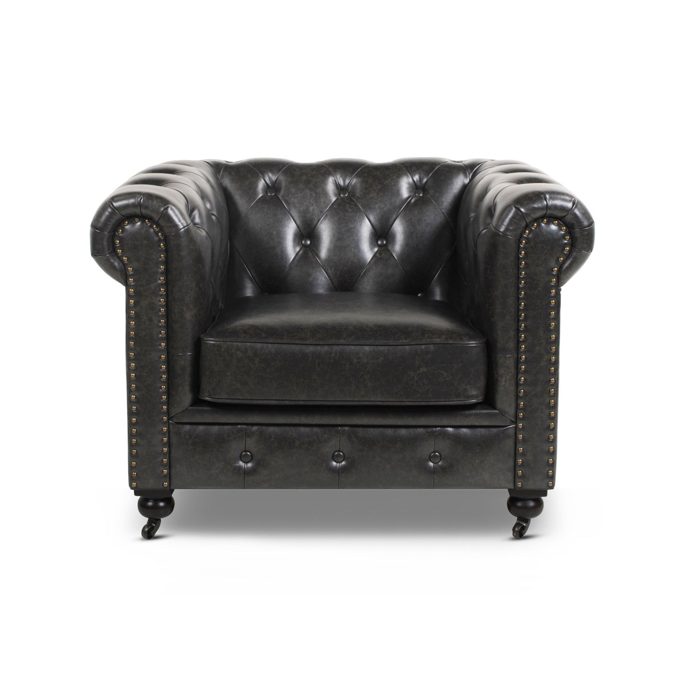 Winston 42.5" Chesterfield Accent Armchair, Vintage Black Brown Faux Leather Black Vintage Foam Faux Leather