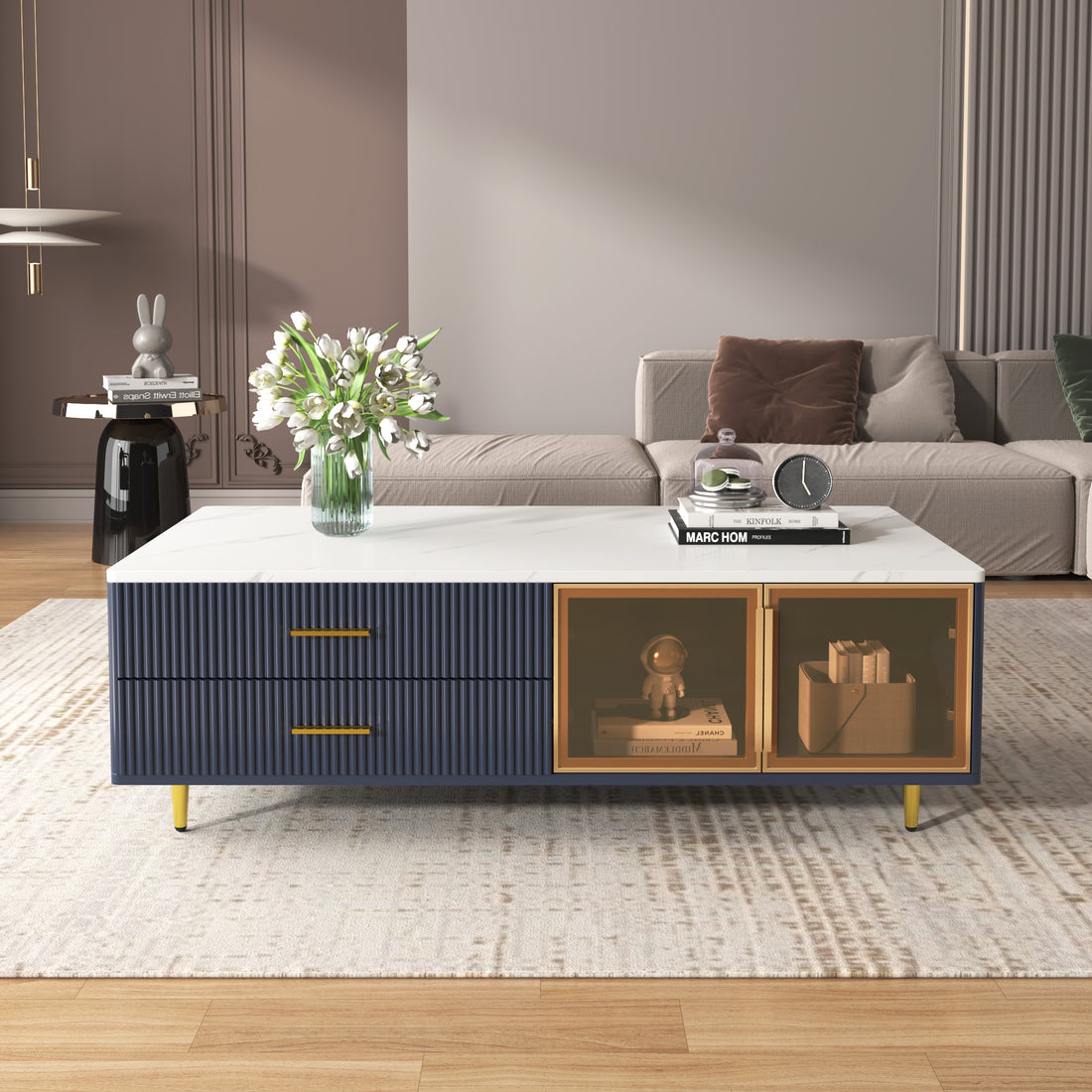Modern Navy Blue Coffee Table With 2 Glass Door Storage, 4 Drawers, Gold Metal Legs, And Multi Color Lighting In 47.2'' Navy Blue Drawers Mdf