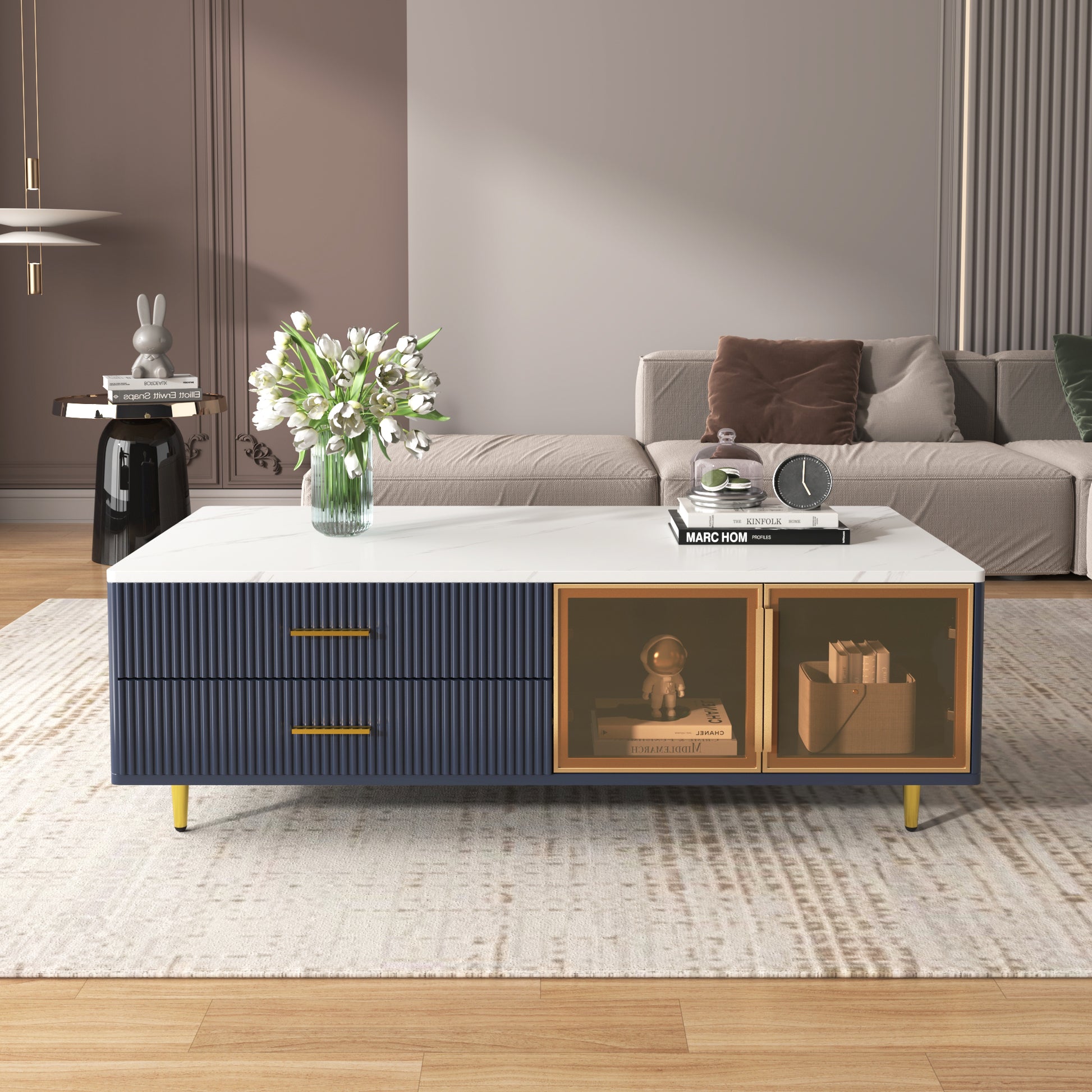 Modern Navy Blue Coffee Table With 2 Glass Door Storage, 4 Drawers, Gold Metal Legs, And Multi Color Lighting In 47.2'' Navy Blue Drawers Mdf