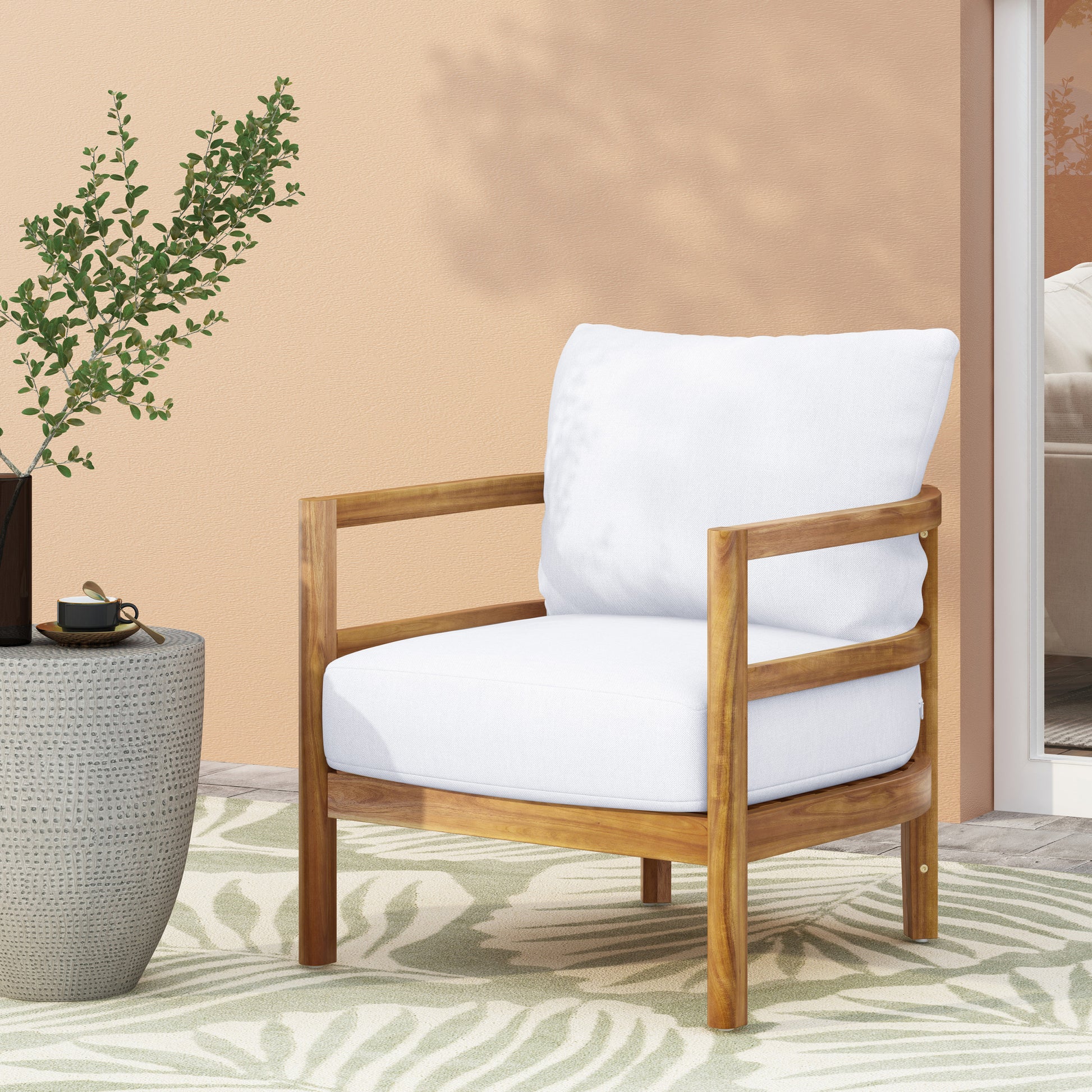 Outdoor Acacia Wood Patio Club Chair, Wood Patio Furniture,Waterproof Thick Cushion Deep Seating For Porch, Garden, Backyard, Balcony, Weight Capacity 400Lbs, Light Teak Finish, White Yes Deep Seating White Garden & Outdoor Foam Acacia Wood