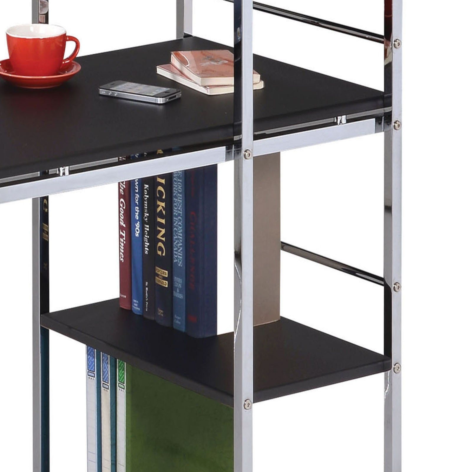 Elvis Black & Chrome Finish Writing Desk W Shelves Black,Chrome Metal,Synthetic Wood