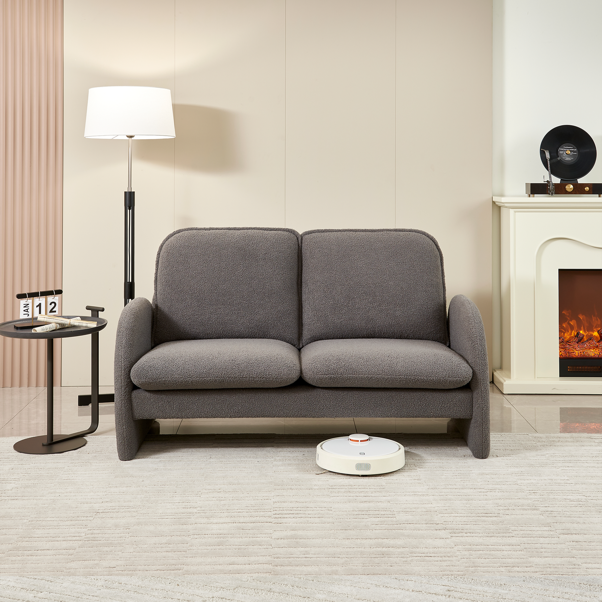 59" Loveseat Sofa Small Couch For Living Room, Sherpa Fabric Upholstered Loveseat Sofa Couch, Small Loveseat Sofa For Apartment, Bedroom Gray Foam Sherpa 2 Seat