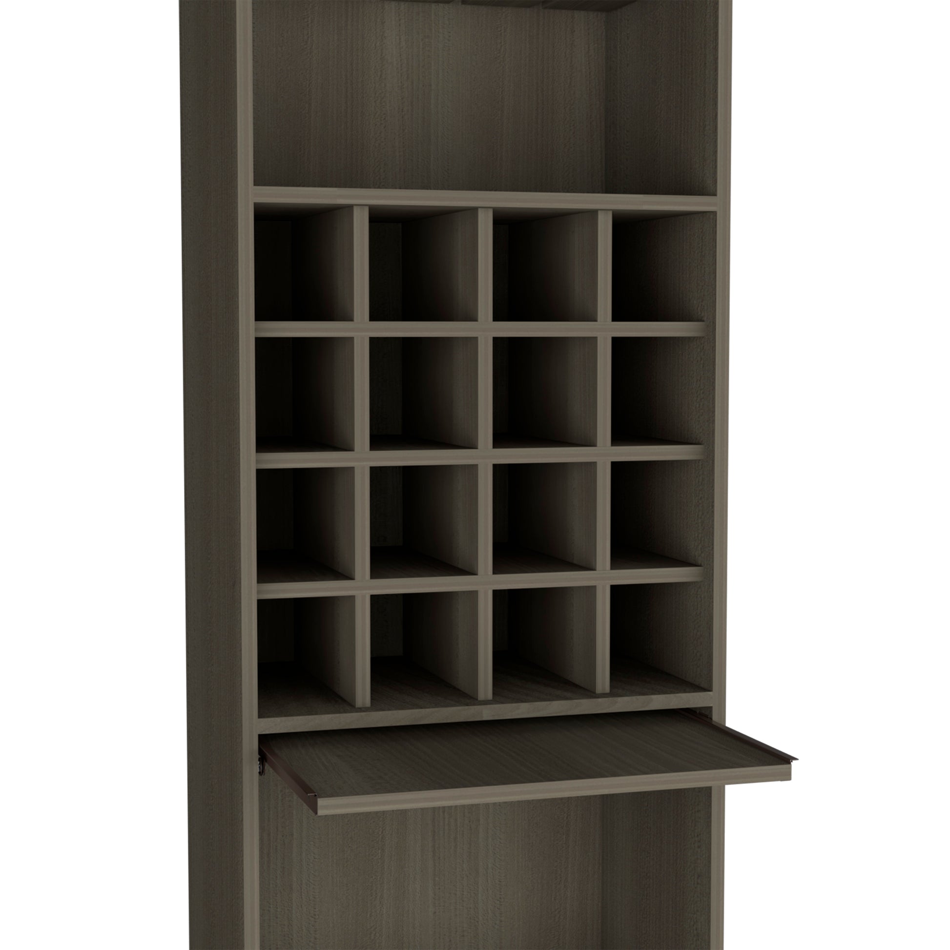 Kava Bar Cabinet, Concealable Serving Tray, Sixteen Built In Wine Rack, One Shelf, Double Door Smokey Oak Smoke Grey Particle Board Particle Board