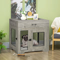 Pawhut Dog Crate Furniture With Soft Water Resistant Cushion, Dog Crate End Table With Drawer, Puppy Crate For Small Dogs Indoor With 2 Doors, Grey Grey Mdf