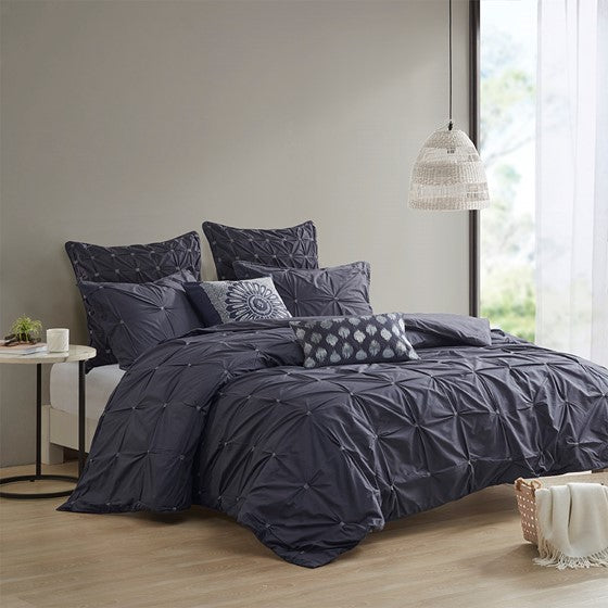 3 Piece Elastic Embroidered Cotton Duvet Cover Set Queen Dark Navy Cotton