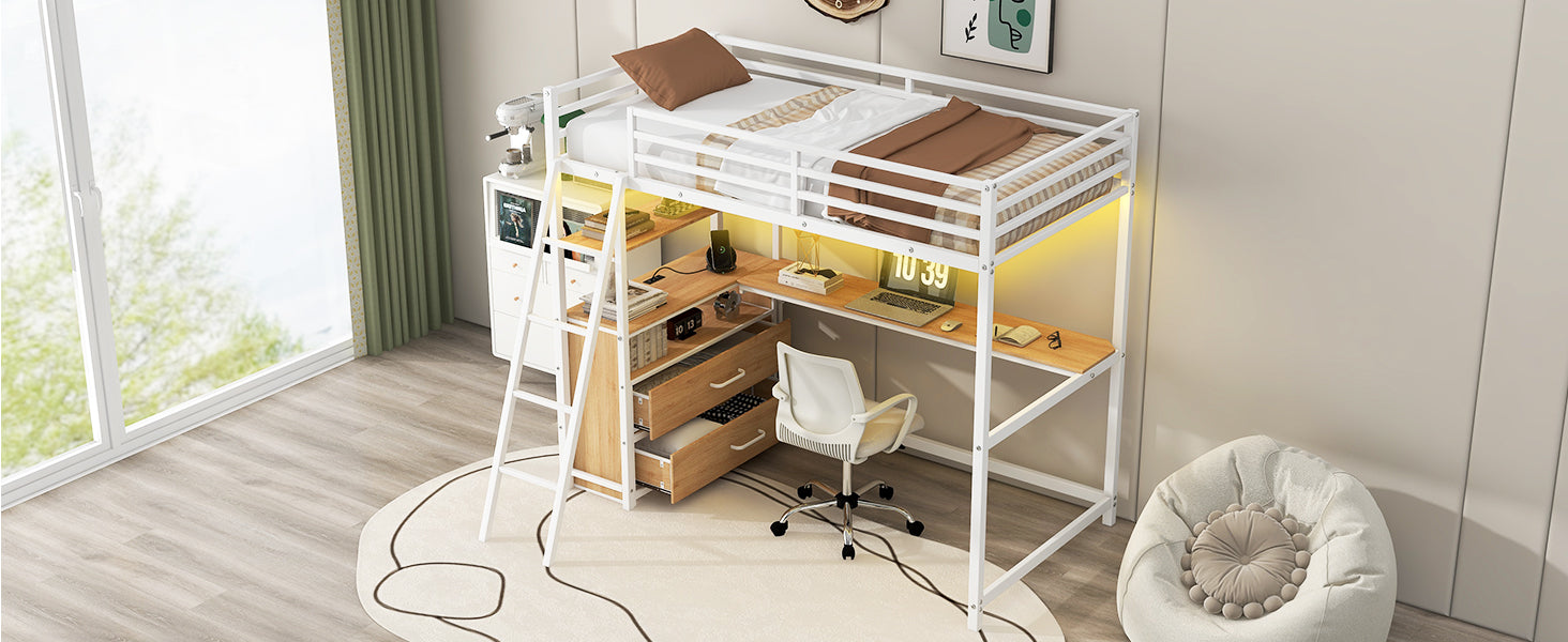 Twin Size Metal&Wood Loft Bed With Desk And Shelves, Two Built In Drawers, Led Light And Usb Charging Station, White Twin Oak Natural Wood Antique White Metal & Wood