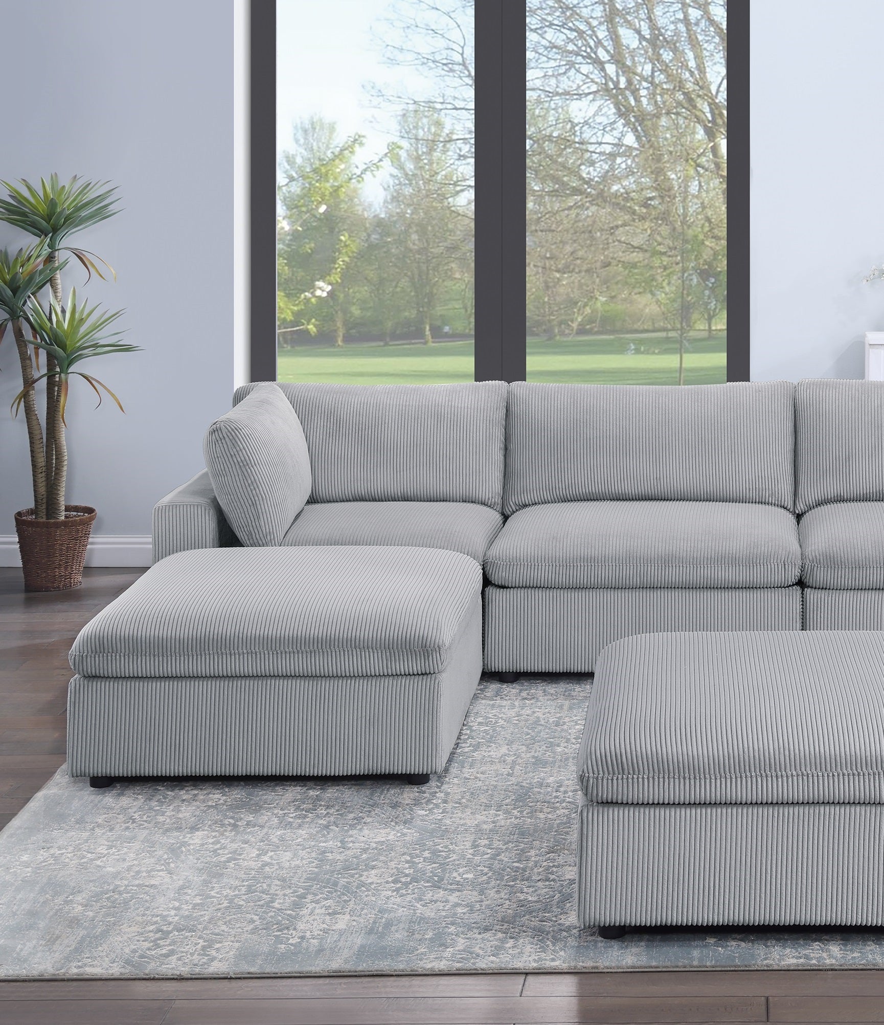 Dark Gray Color 7Pc Modular Sectional Set Corduroy Upholstery Couch 2X Corner Wedge 2X Armless Chairs 3X Ottomans Living Room Furniture Dark Gray Primary Living Space Cushion Back