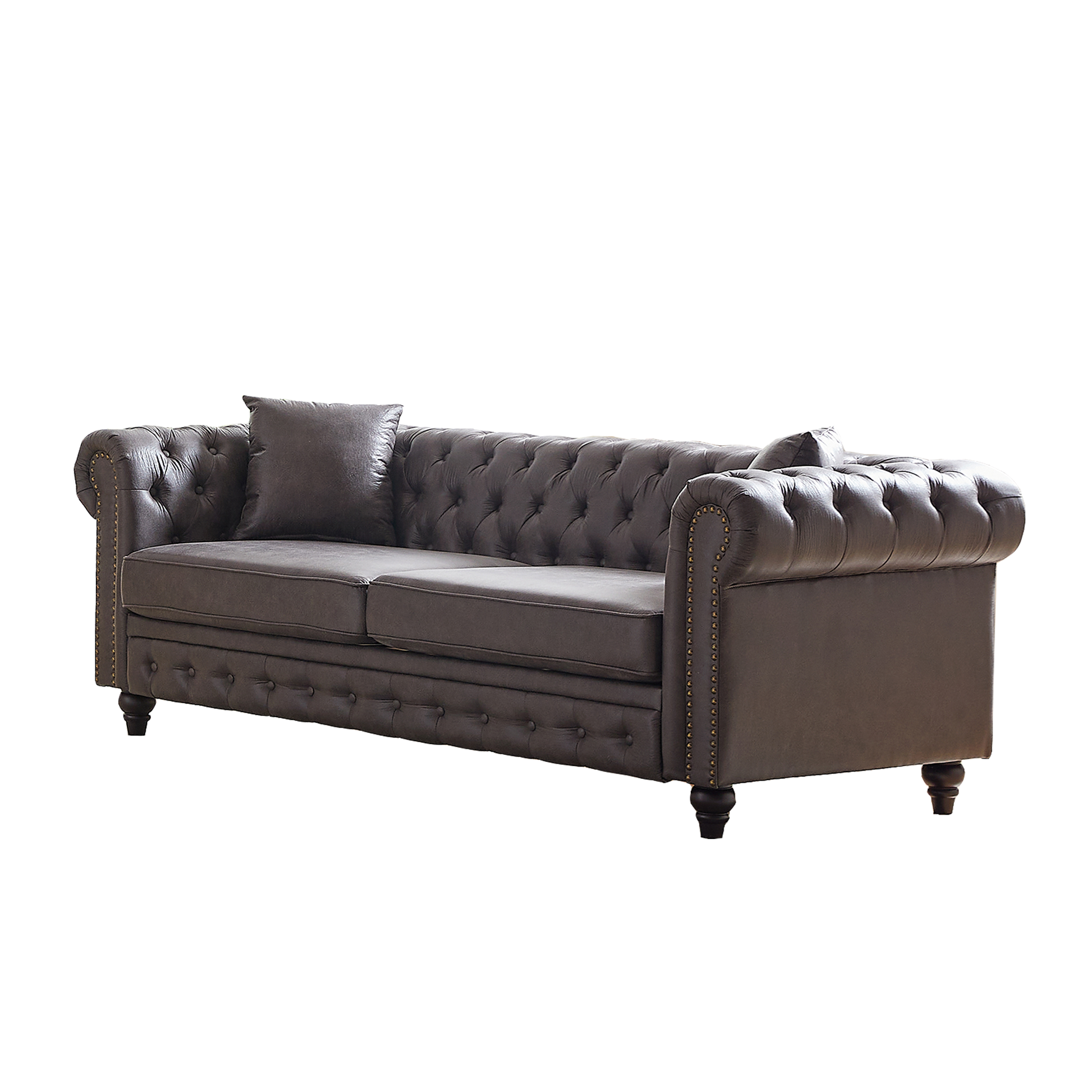 Fx 85.5"Living Room With Tech Fabric Chesterfield Sofa With Rolled Arms 3 Seater Sofa With Button Design And 2 Cushions For Apartment, Office, Living Room Grey Wood Primary Living Space Pine Foam Fabric 3 Seat