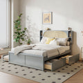 Queen Size Rattan Headboard Bed With Two Drawers And Trundle, Gray Queen Gray Solid Wood Mdf