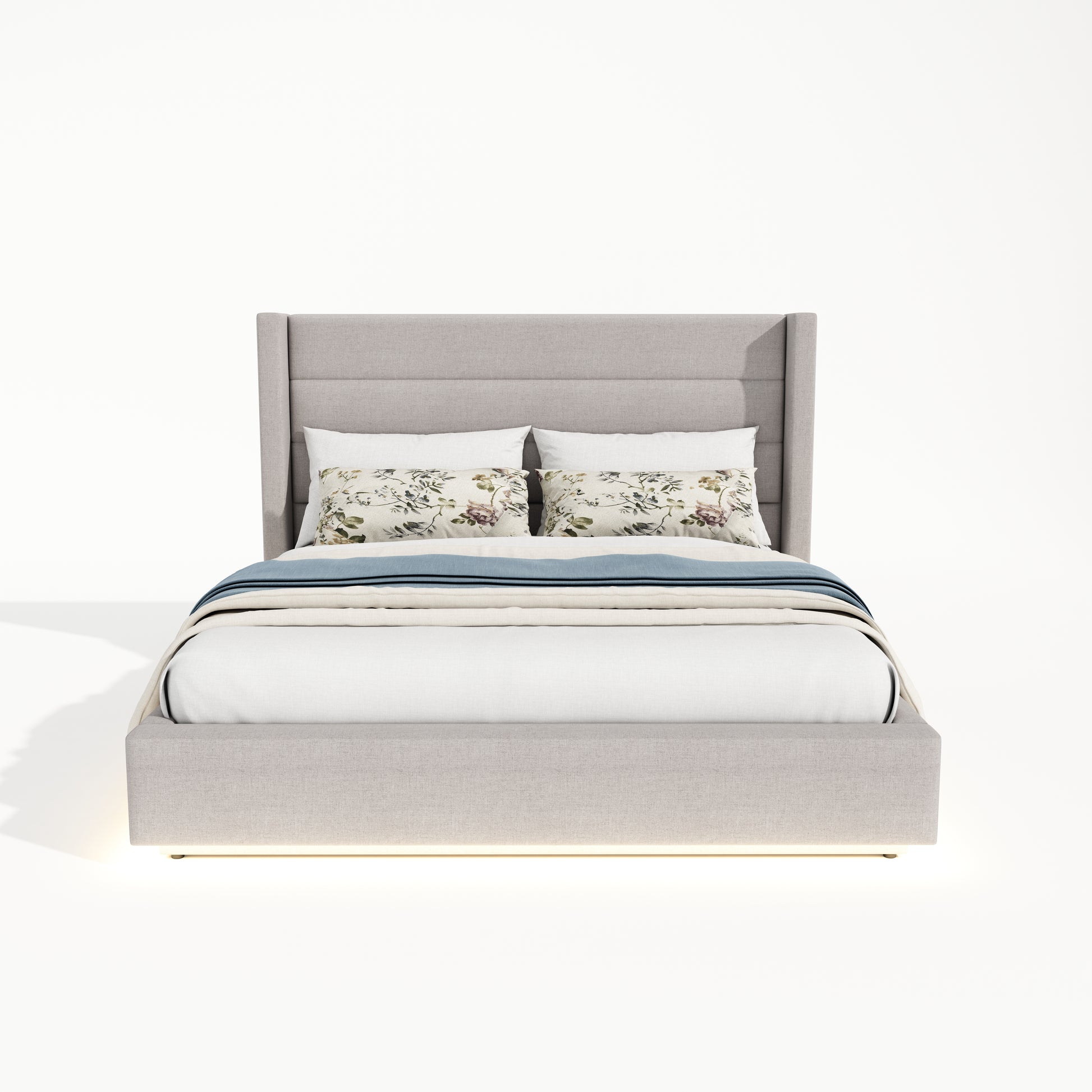 Queen Size Platform Bed With Led Light, Greige Box Spring Not Required Queen Greige Wood Fabric,Plywood,Upholstered