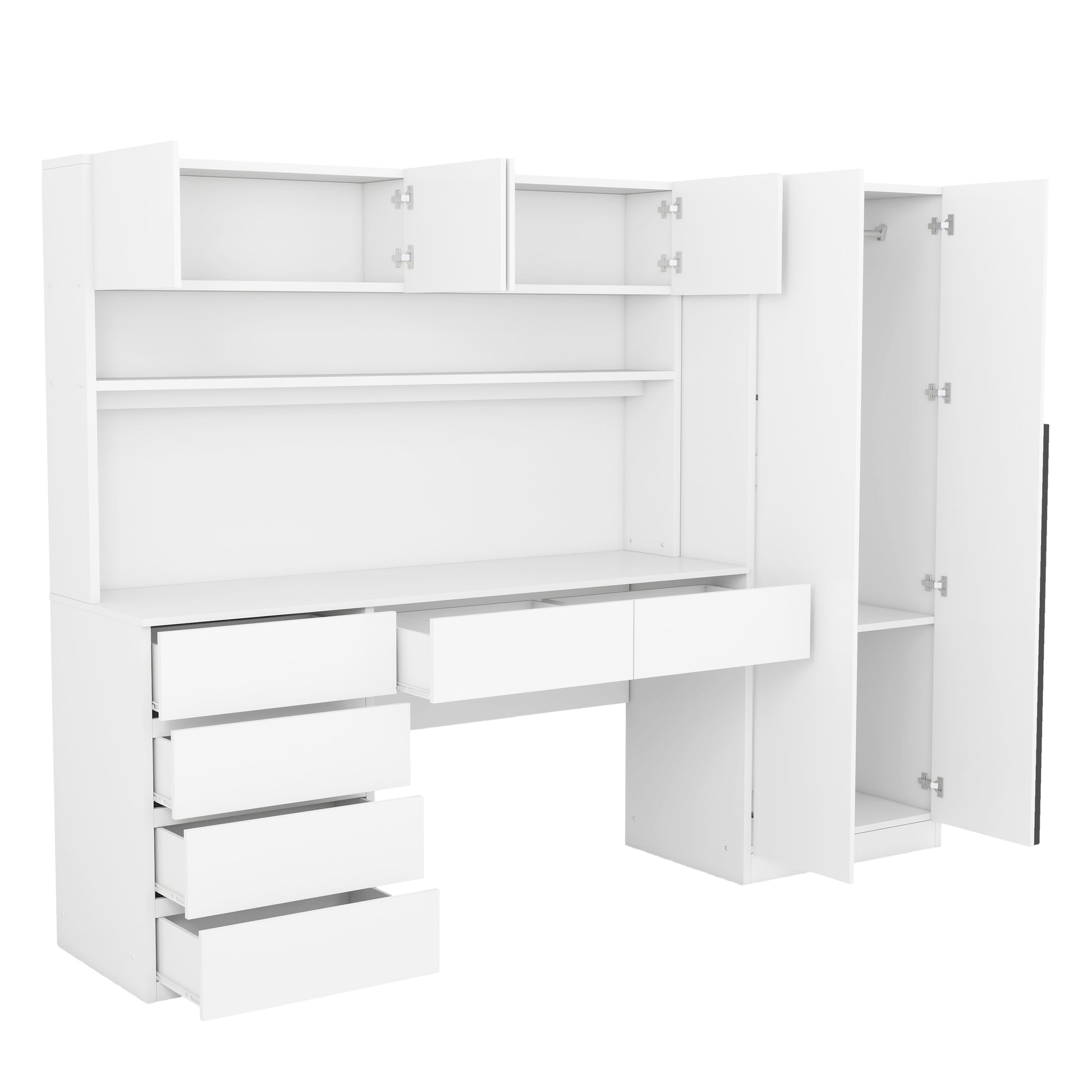 2 Door Wooden Storage Desk Wardrobe For Bedroom With Shelves And Drawers, White White Mdf Lvl