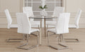 Table And Chair Set.A Modern Minimalist Style Round Clear Tempered Glass Table With Silver Metal Legs.Paried With 6 Chairs With Modern Pu Leather High Back Upholstered And C Tube Chrome Legs. Silver,White Seats 6 Glass Metal