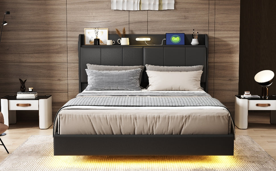 Queen Size Floating Bed Frame With Storage Headboard, Modern Upholstered Platform Bed With Touch Sensor Night Light And Usb Charger, Black Queen Black Bed Frame Wood