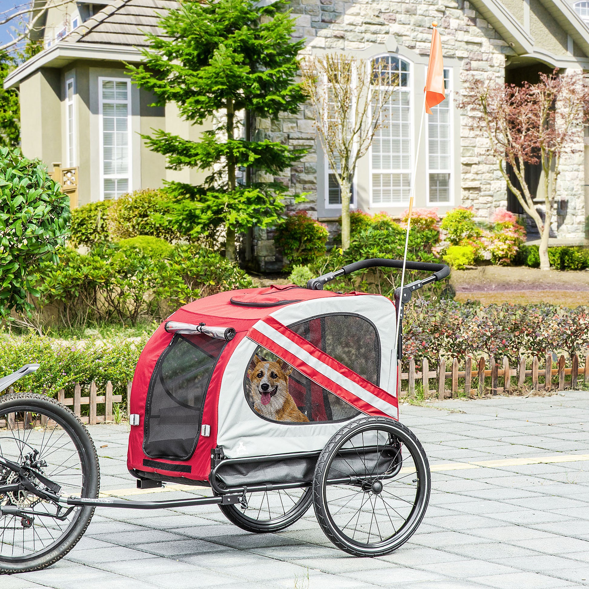 Aosom 2 In 1 Pet Bike Trailer For Small Dogs, Road Visibility Bicycle Stroller, Weather Strong Bike Wagon Trailer Sidecar Attachment, Red Red Steel