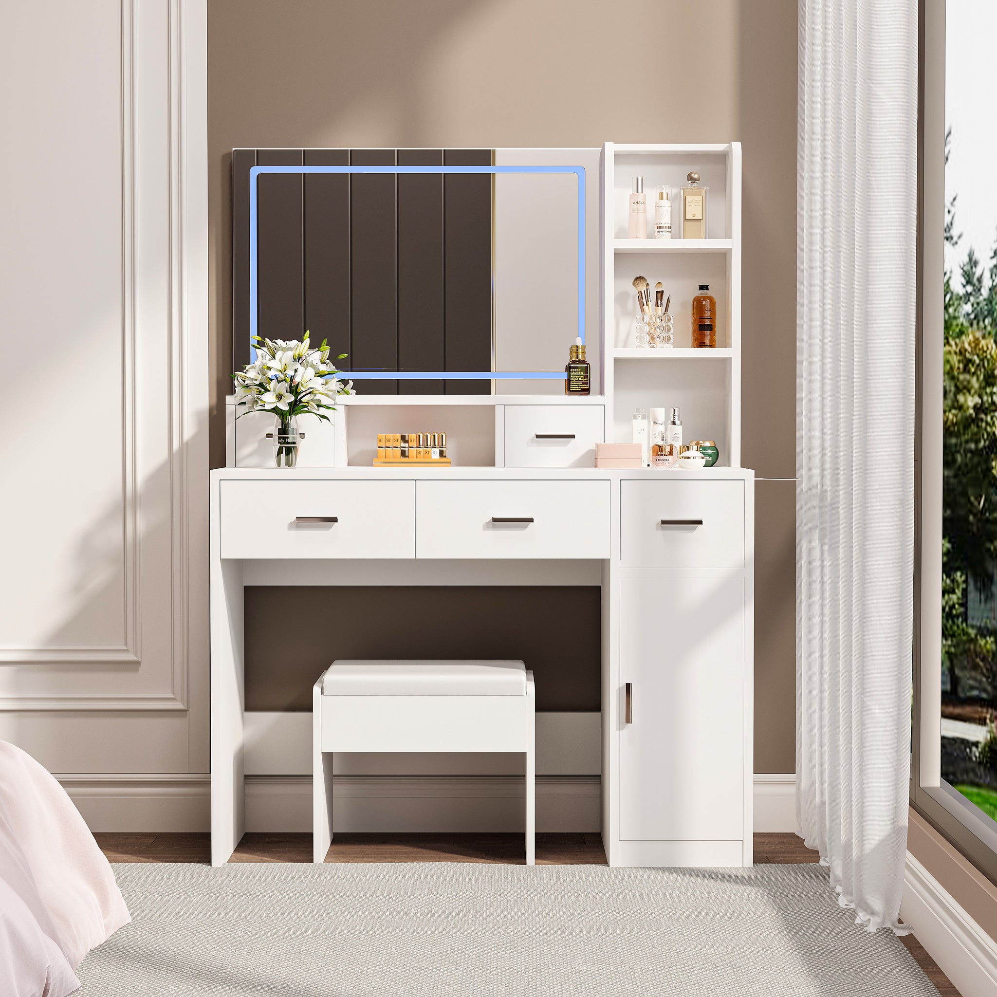 White Dressing Table With Led 3 Color Illuminated Mirror And Power Outlet, Dressing Table With Drawers, Storage Box And Shelf, Dressing Table With Bedroom Cushioned Stool White 5 Drawers & Above