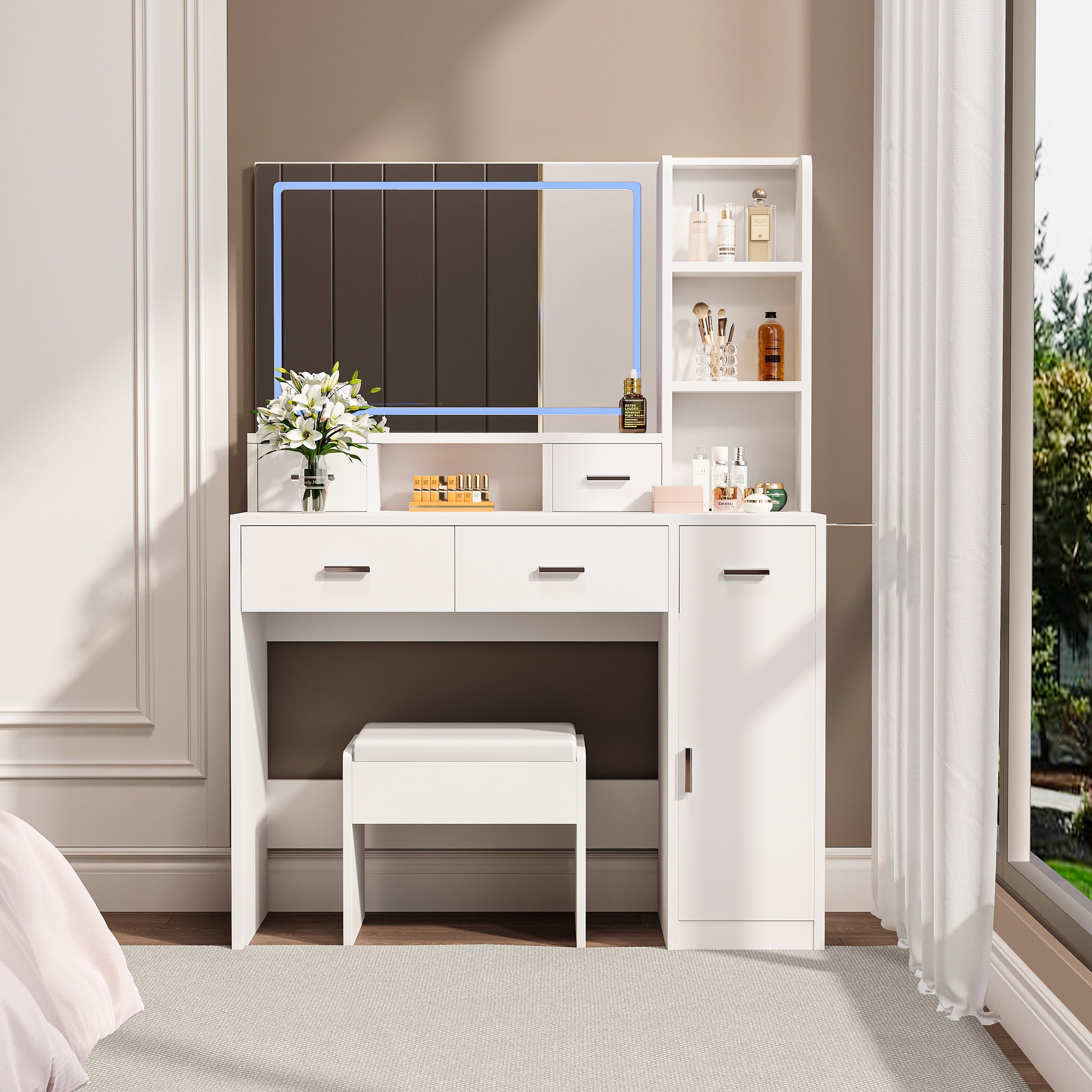 White Dressing Table With Led 3 Color Illuminated Mirror And Power Outlet, Dressing Table With Drawers, Storage Box And Shelf, Dressing Table With Bedroom Cushioned Stool White 5 Drawers & Above