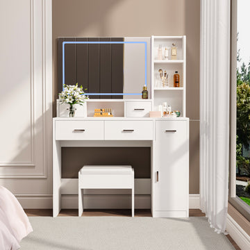 White Dressing Table With Led 3 Color Illuminated Mirror And Power Outlet, Dressing Table With Drawers, Storage Box And Shelf, Dressing Table With Bedroom Cushioned Stool White 5 Drawers & Above