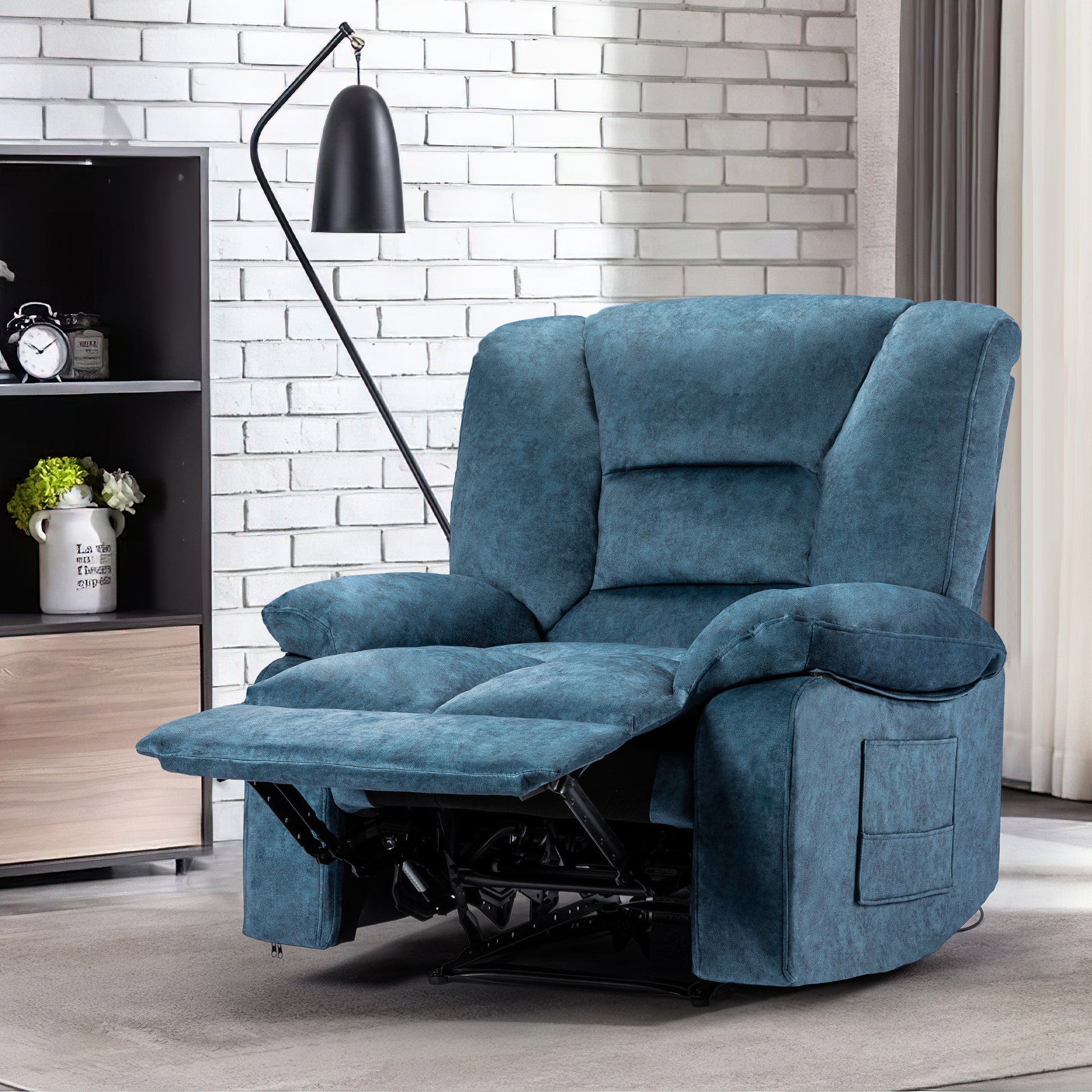 Oversized Recliner Chair Sofa With Massage And Heating Blue Velvet Manual Handle Metal Primary Living Space Soft Cushion Back Heavy Duty American Traditional,Contemporary,Modern Pillow Top Arms Foam Fabric