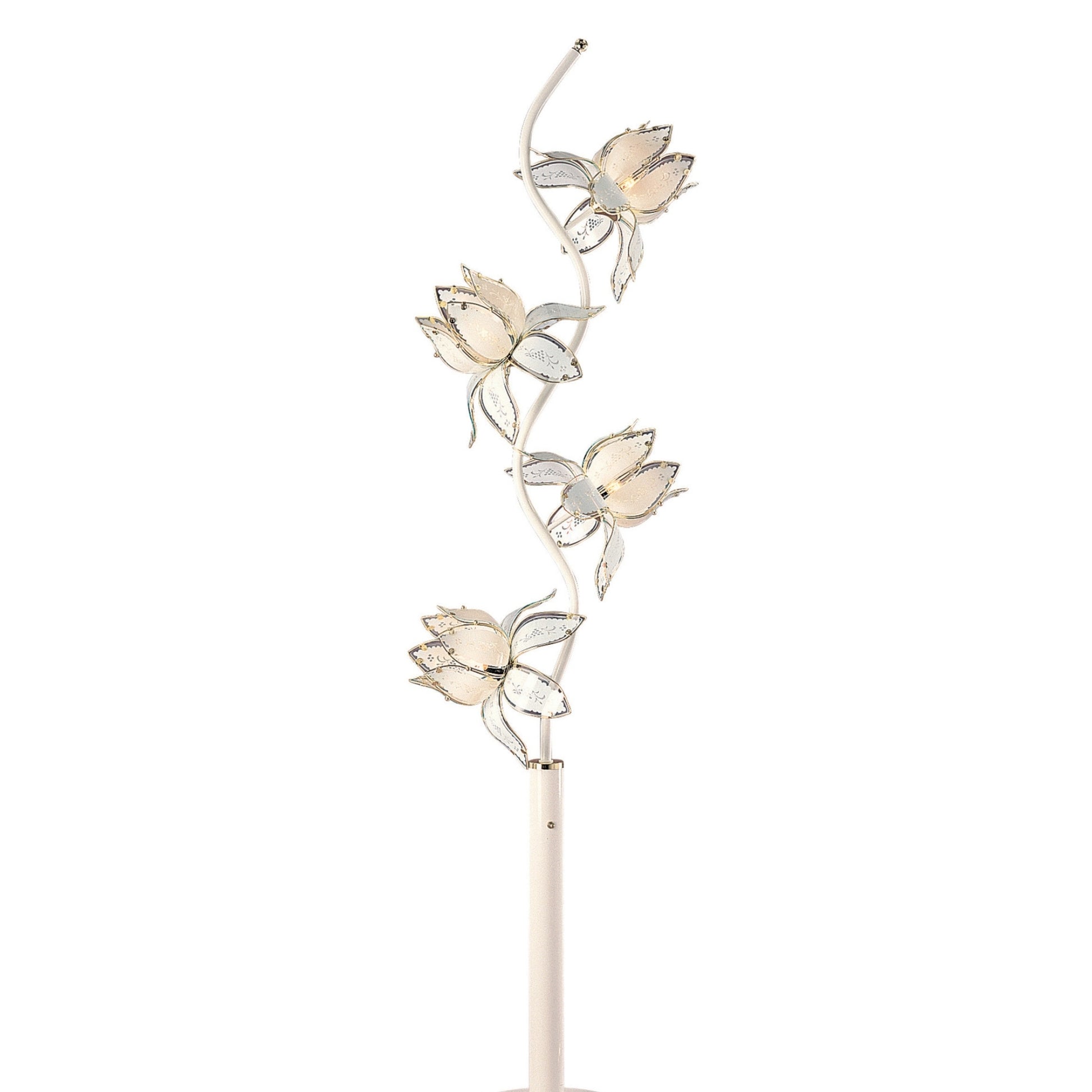 73" Tall Floor Lamp, 4 White And Gold Flower Shaped Lights With Crystal Accents White Metal