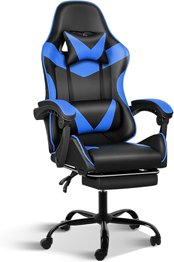 Gaming Chair, Backrest And Seat Height Adjustable Swivel Recliner Racing Office Computer Ergonomic Video Game Chair With Footrest And Lumbar Support, Black Blue Black Blue Plastic