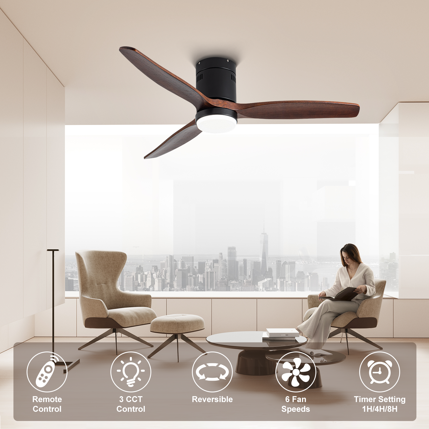 Ceiling Fan With Light, 52 Inch Flush Mount Ceiling Fan, Reversible Blades, 3Cct Low Profile Ceiling Fan With Remote For Bedroom Living Room Walnut Modern Wood