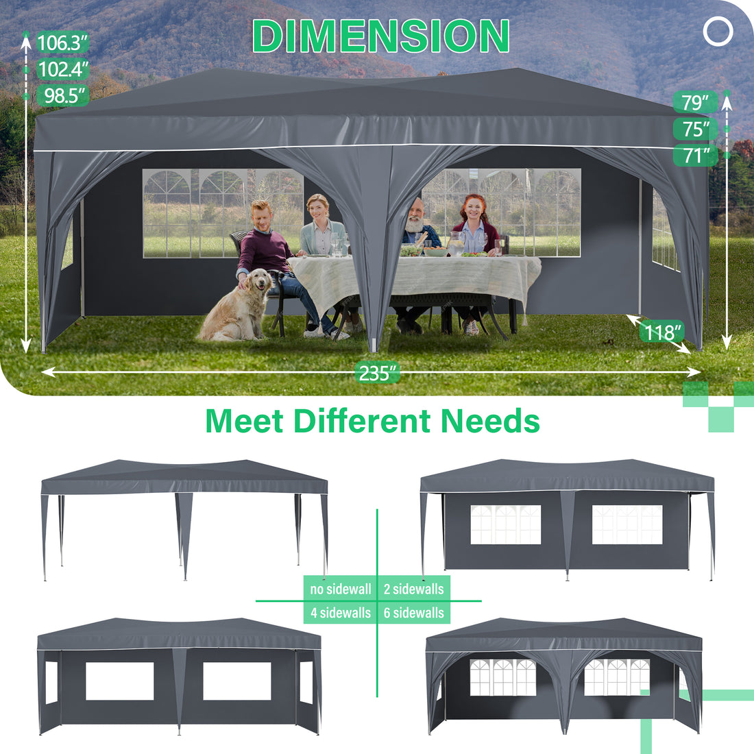 10'X20' Pop Up Canopy Tent With 6 Sidewalls, Ez Pop Up Outdoor Canopy For Parties, Waterproof Commercial Tent With 3 Adjustable Heights, Carry Bag, 6 Sand Bags, 6 Ropes And 12 Stakes, Gray Gray