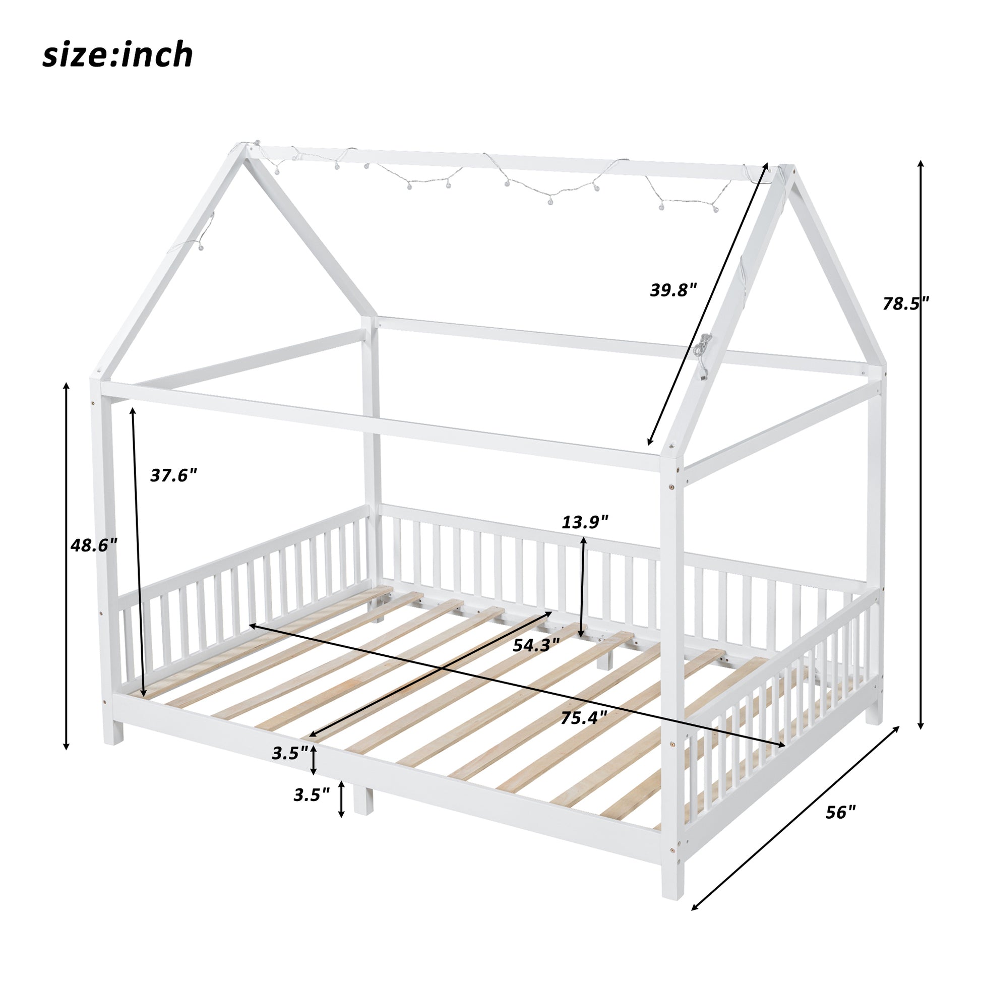 Wood Full Size House Bed With Guardrail And Led, White Box Spring Not Required Full White Wood Bedroom Solid Wood Mdf