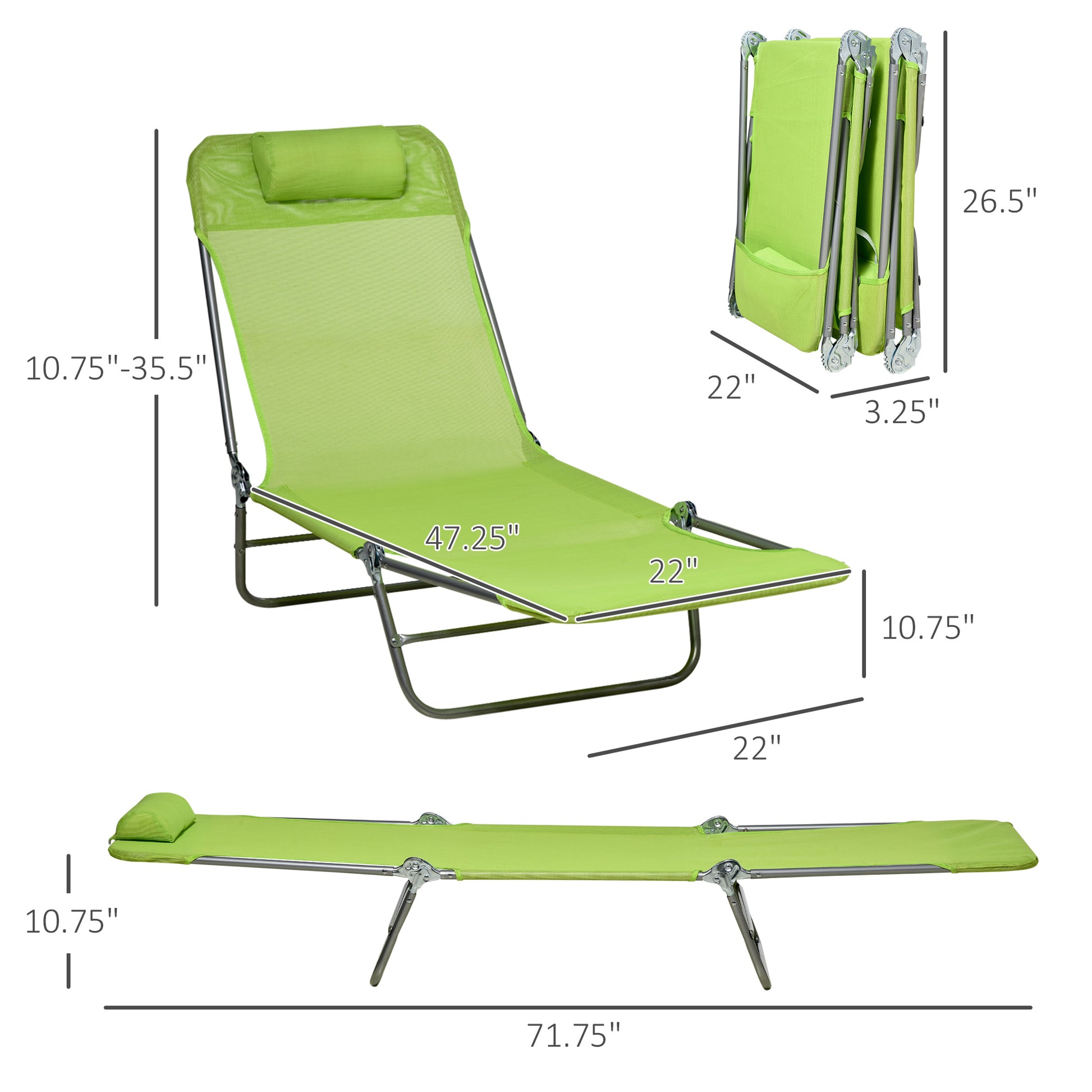Outsunny 2 Piece Folding Chaise Lounge Chairs, Pool Sun Tanning Chairs, Outdoor Lounge Chairs With 6 Position Reclining Back,Mesh Seat, Headrest For Beach, Yard, Patio, Green Green Steel
