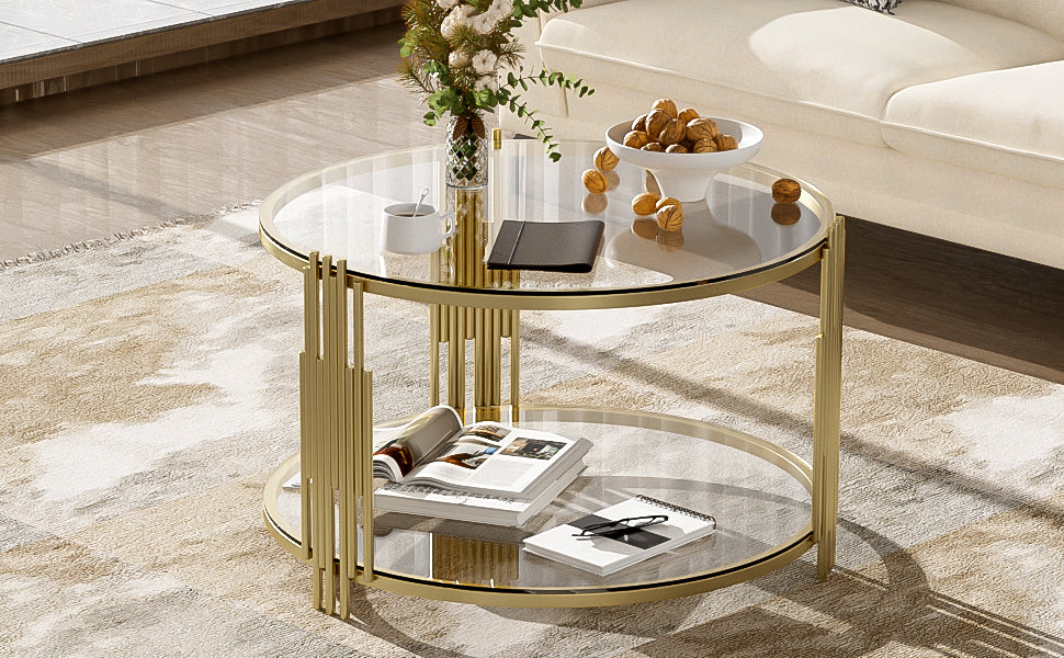 Modern Glass Coffee Table In 31.5", Asymmetrical Metal, Circular Metal Drum Base, Gold Finish & Lower Shelf Transparent Tempered Glass
