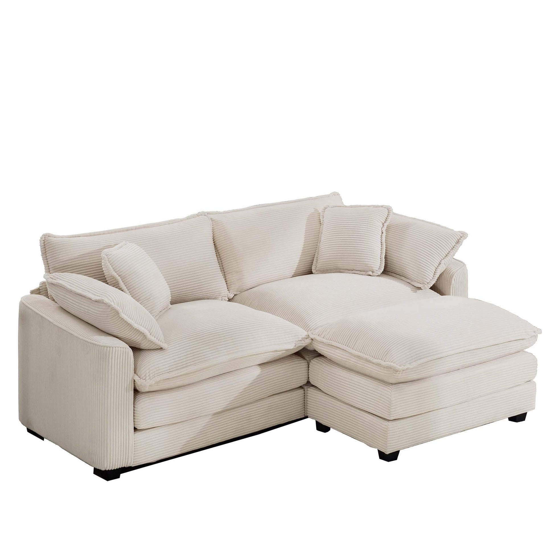 Corduroy Two Seater Sofa With 1 Footrest, L Shaped 2 Seater Sofa With Ottoman For Small Living Spaces, Light Beige Corduroy Sofa Beige Corduroy 2 Seat