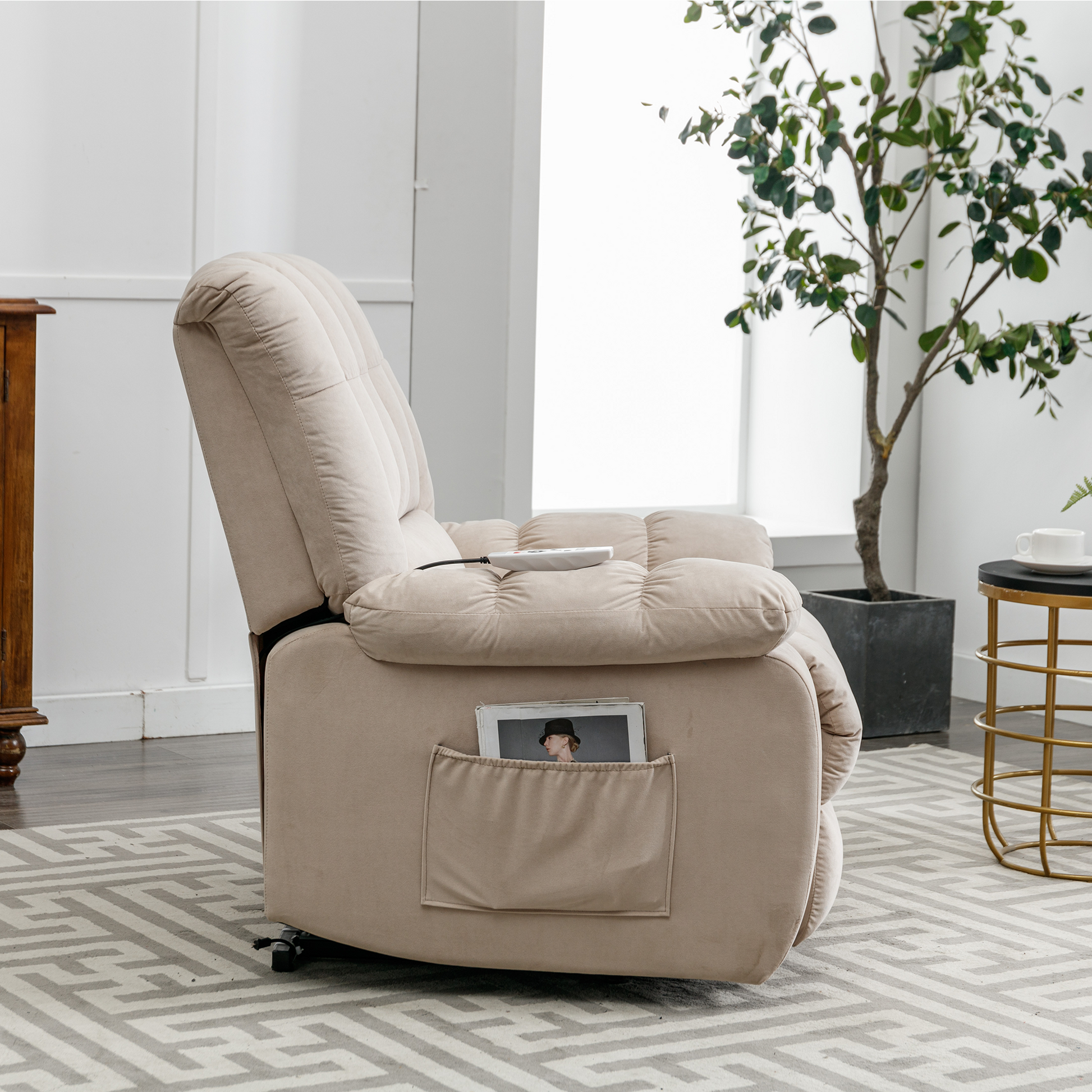 Massage Recliner Chair Electric Power Lift Recliner Chairs With Heat, Vibration, Side Pocket For Living Room Bedroom, Beige Beige Velvet