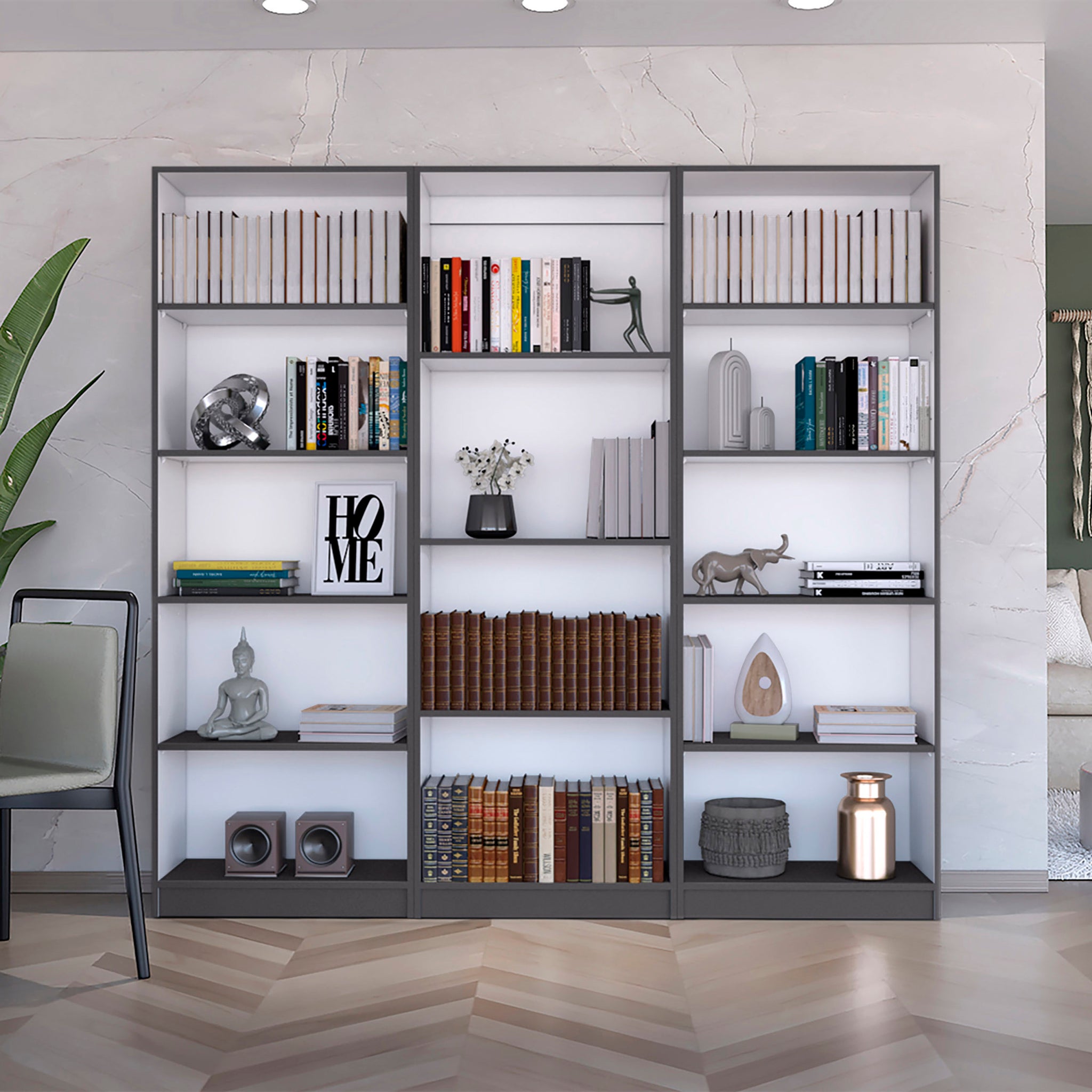 Bartow 3 Piece Home Bookcase Set, 74" Wide With 14 Shelvesliving Room Set Set Matt Gray White Freestanding 5 Or More Shelves Multicolor Office Open Storage Space Modern Particle Board