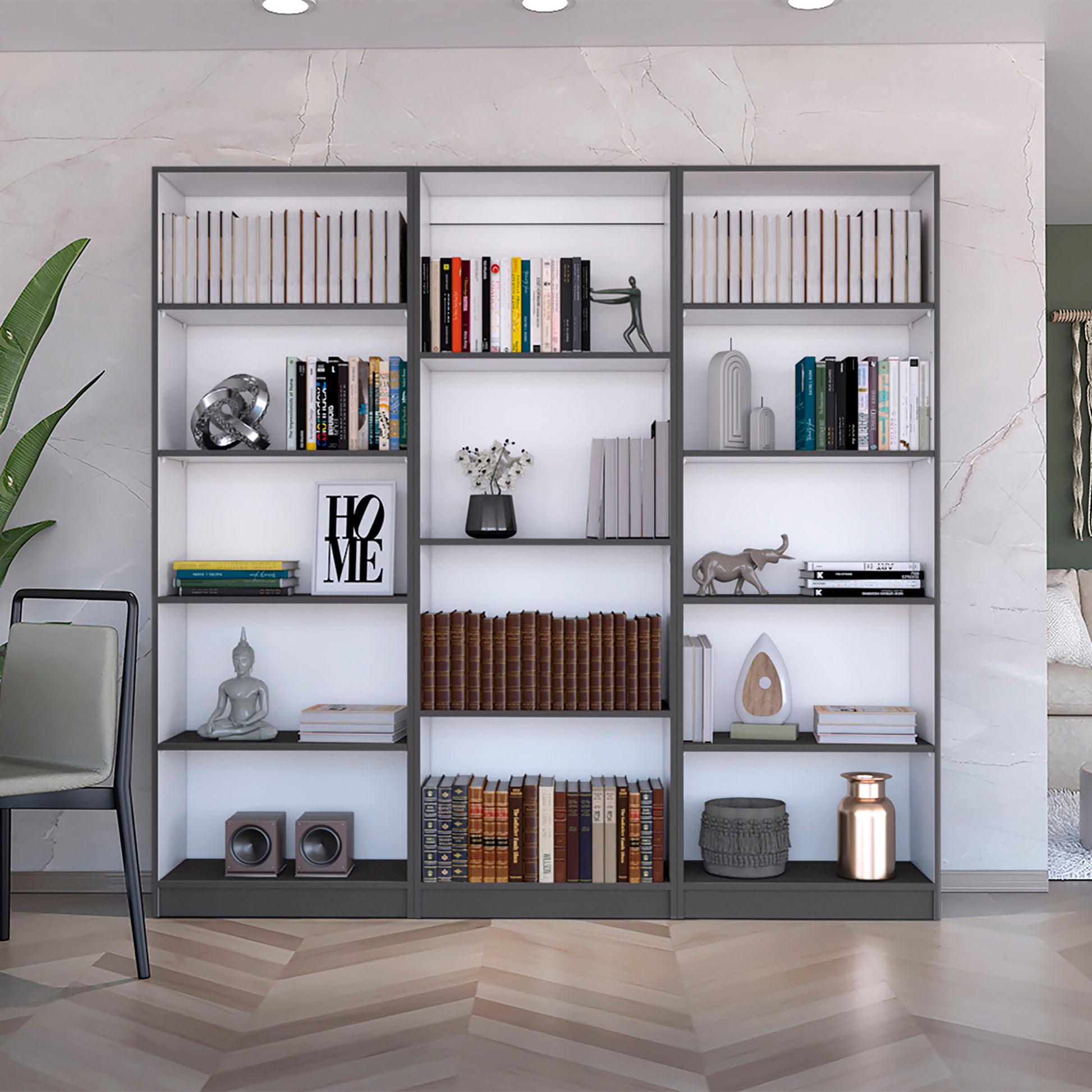 Bartow 3 Piece Home Bookcase Set, 74" Wide With 14 Shelvesliving Room Set Set Matt Gray White Freestanding 5 Or More Shelves Multicolor Office Open Storage Space Modern Particle Board