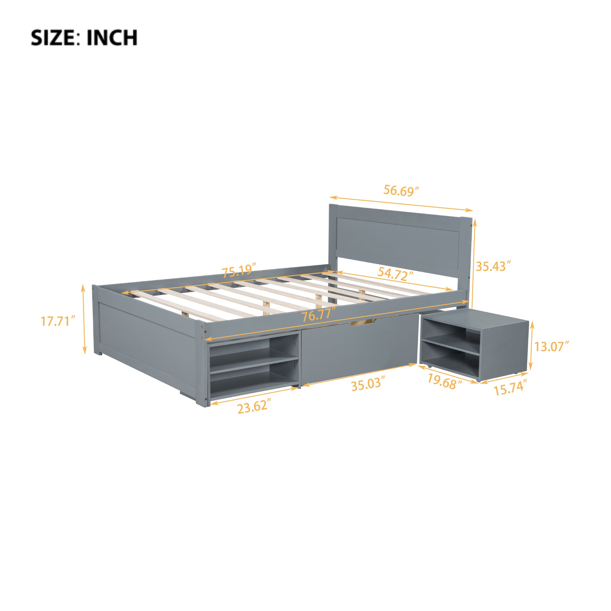 Full Size Platform Bed With Drawer And Two Shelves, Gray Full Gray Mdf Lvl