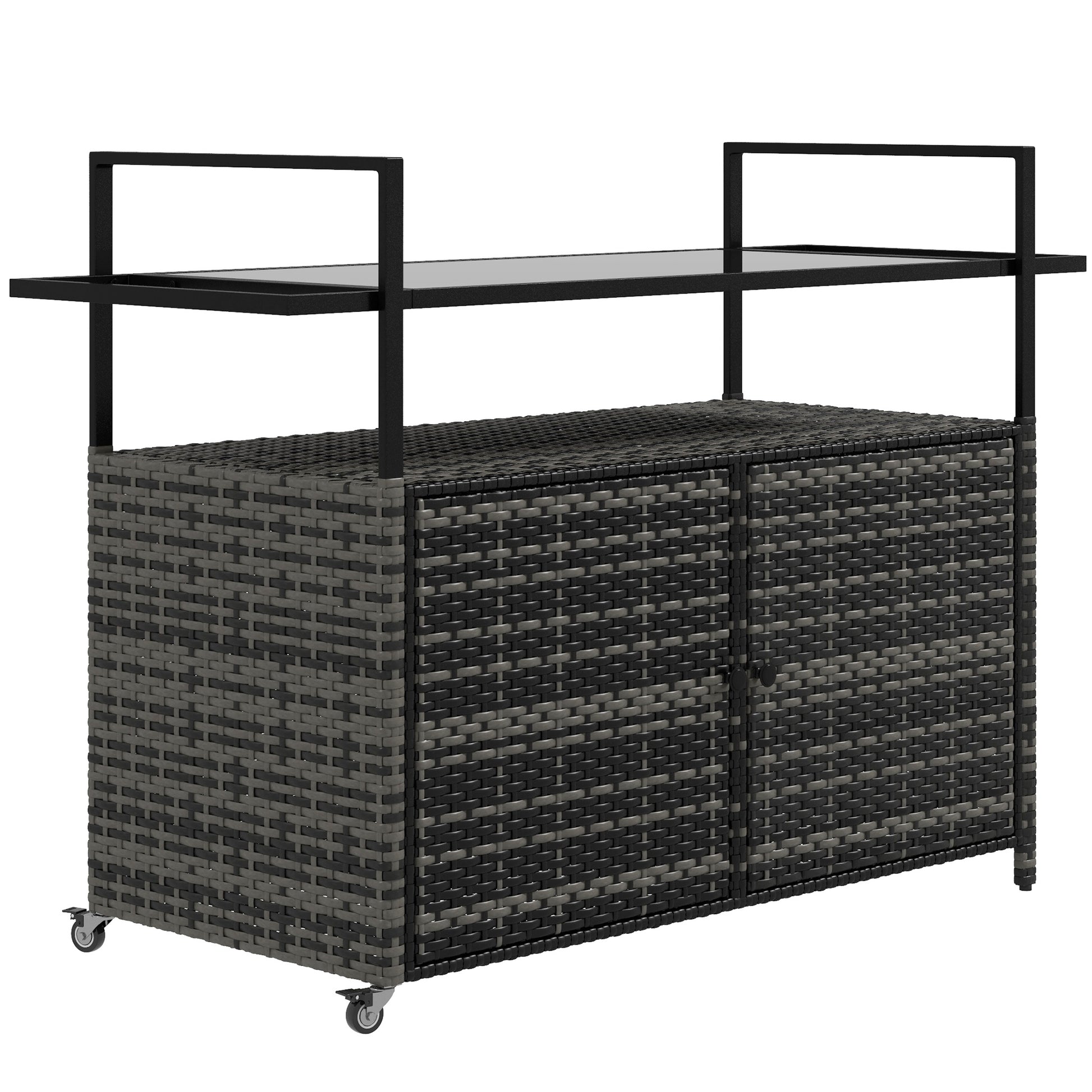 Outsunny Pe Rattan Outdoor Bar Table, Outdoor Kitchen Island With 2 Tier Shelf & Cabinet, Patio Serving Cart With Glass Top, Handles, Towel Racks For Poolside, Garden, Mixed Gray Gray Steel