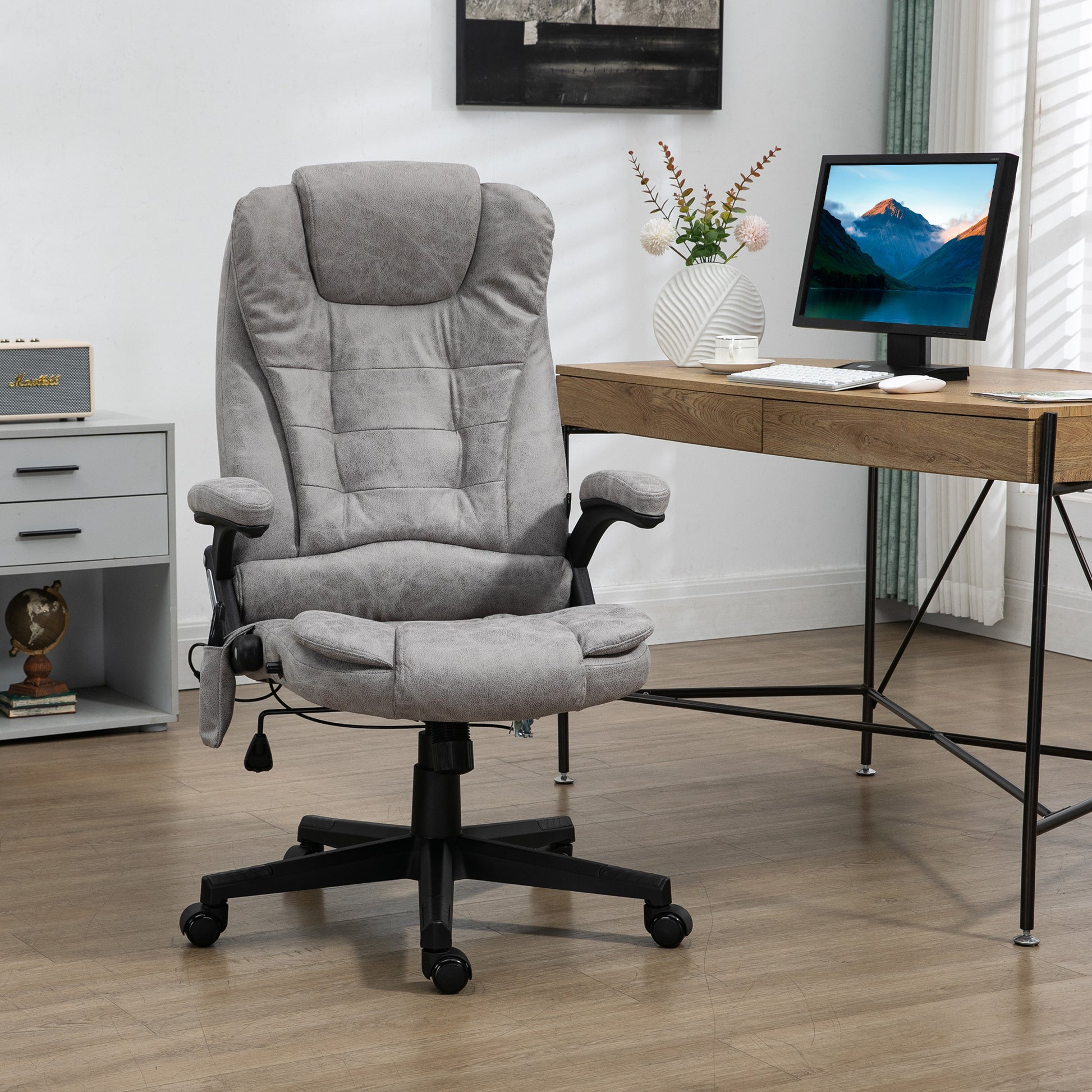 Homcom 6 Point Vibrating Massage Office Chair With Heat, Microfiber High Back Executive Office Chair With Reclining Backrest, Padded Armrests And Remote, Gray Grey Polyester