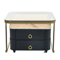 2 In 1 Square Nesting Coffee Table With Wheels & Drawers, Stackable Side Table With High Gloss Marble Grain Top, End Table Set With Brown Tempered Glass For Living Room, Black Black Gold Primary Living Space Drawers Square Mdf Steel