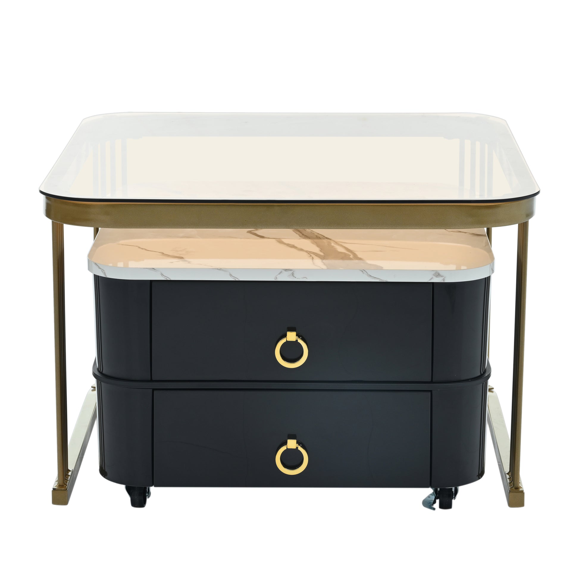 2 In 1 Square Nesting Coffee Table With Wheels & Drawers, Stackable Side Table With High Gloss Marble Grain Top, End Table Set With Brown Tempered Glass For Living Room, Black Black Gold Primary Living Space Drawers Square Mdf Steel
