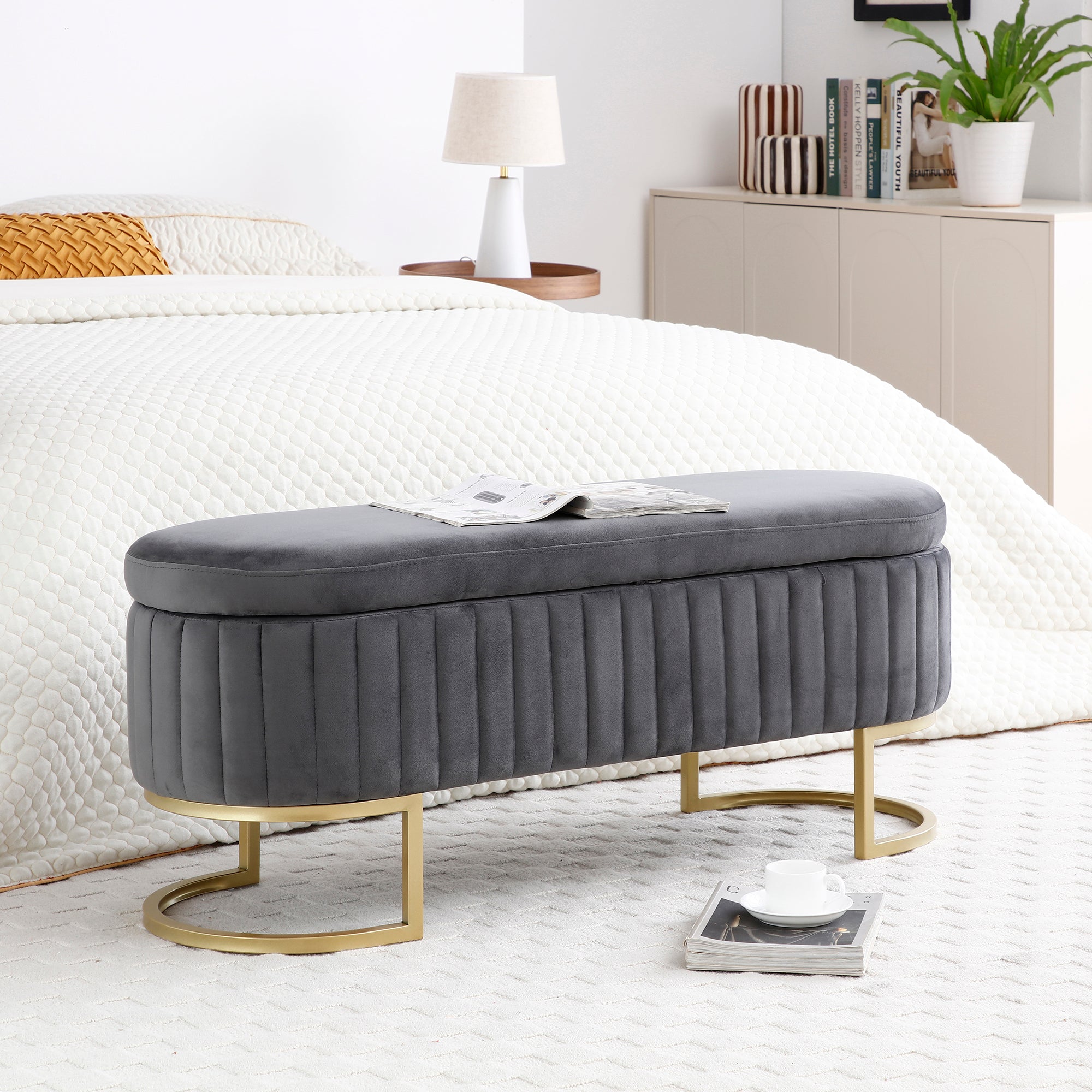 Storage Bench Bedroom Bench, Velvet Oval Upholstered End Of Bed Bench With Golden Metal Legs,50"Modern Storage Ottoman Bench For Bedroom, Living Room,Entryway,Window, Grey Grey Velvet