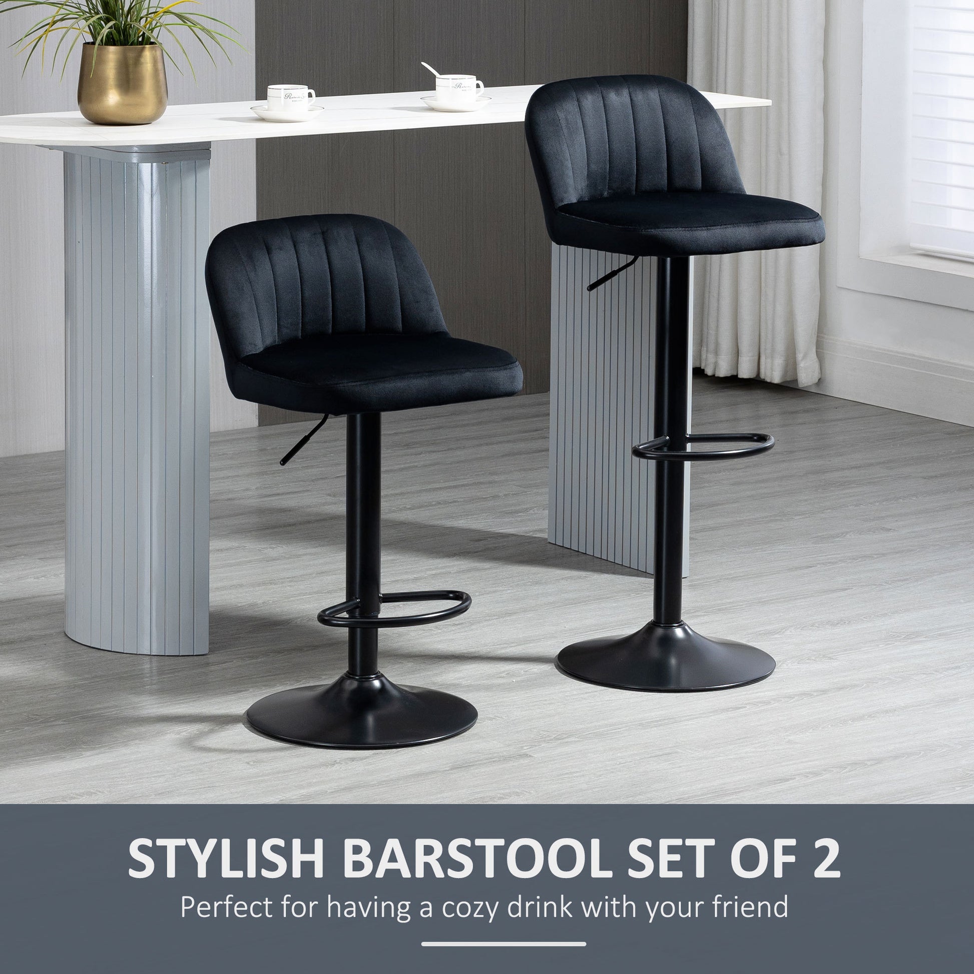 Homcom Adjustable Bar Stools Set Of 2, Velvet Counter Height Barstool, Upholstered Kitchen Stool With Swivel Seat, Steel Frame, Footrest For Kitchen Counter And Dining Room, Black Black Polyester