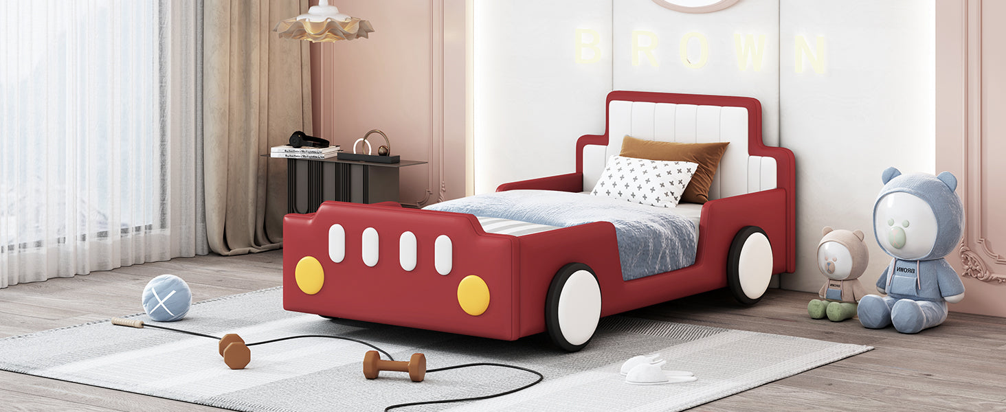 Twin Size Race Car Shaped Platform Bed With Wheels,Red Twin Red Pu Leather