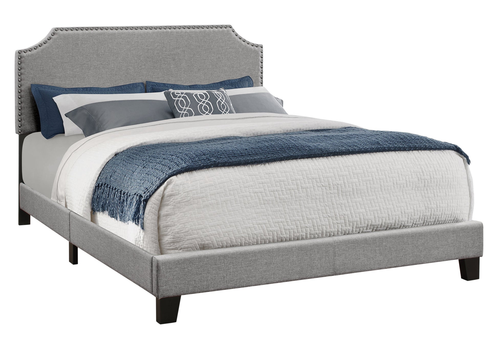 Bed, Queen Size, Bedroom, Upholstered, Grey Linen Look, Chrome Trim, Transitional Grey Foam Solid Wood Mdf