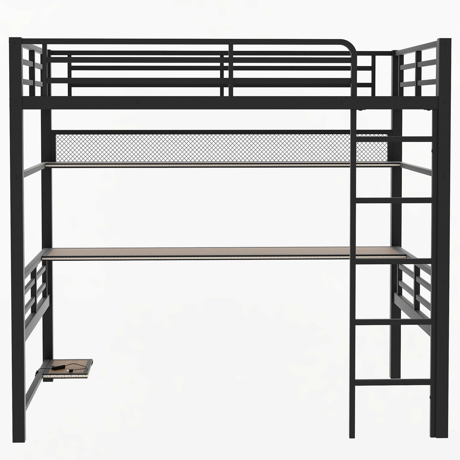 Full Size Metal Loft Bed Frame With Storage Shelf And Led Light,Iron Mesh,Black Black Metal