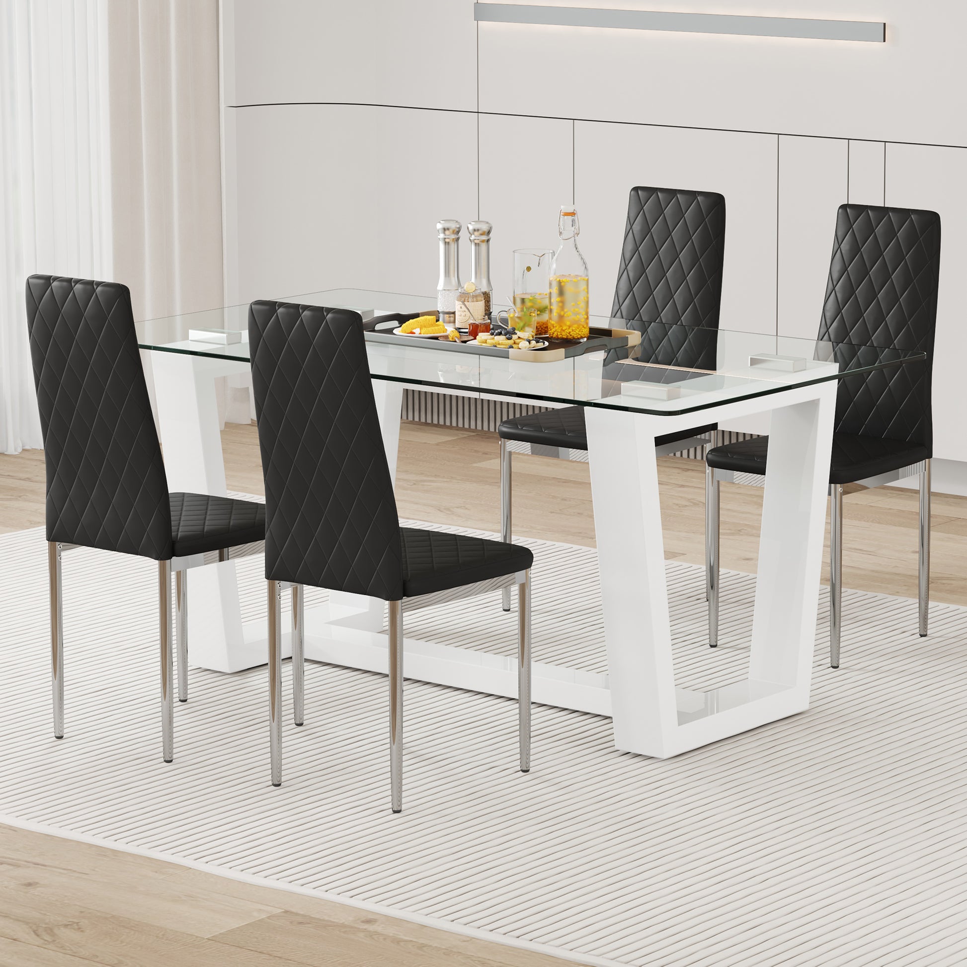 Table And Chair Set.A Rectangular Dining Table Features With Tempered Glass Top And Sleek White Mdf Stand.Paried With 4 Pu Chairs With Checkered Armless High Back And Electroplated Metal Legs. Black,White Seats 4 Mdf Glass