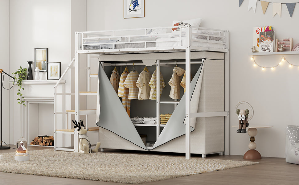 Twin Size Metal Loft Bed With Wardrobe And Storage Shelves, White Box Spring Not Required Twin White Metal Mdf Metal