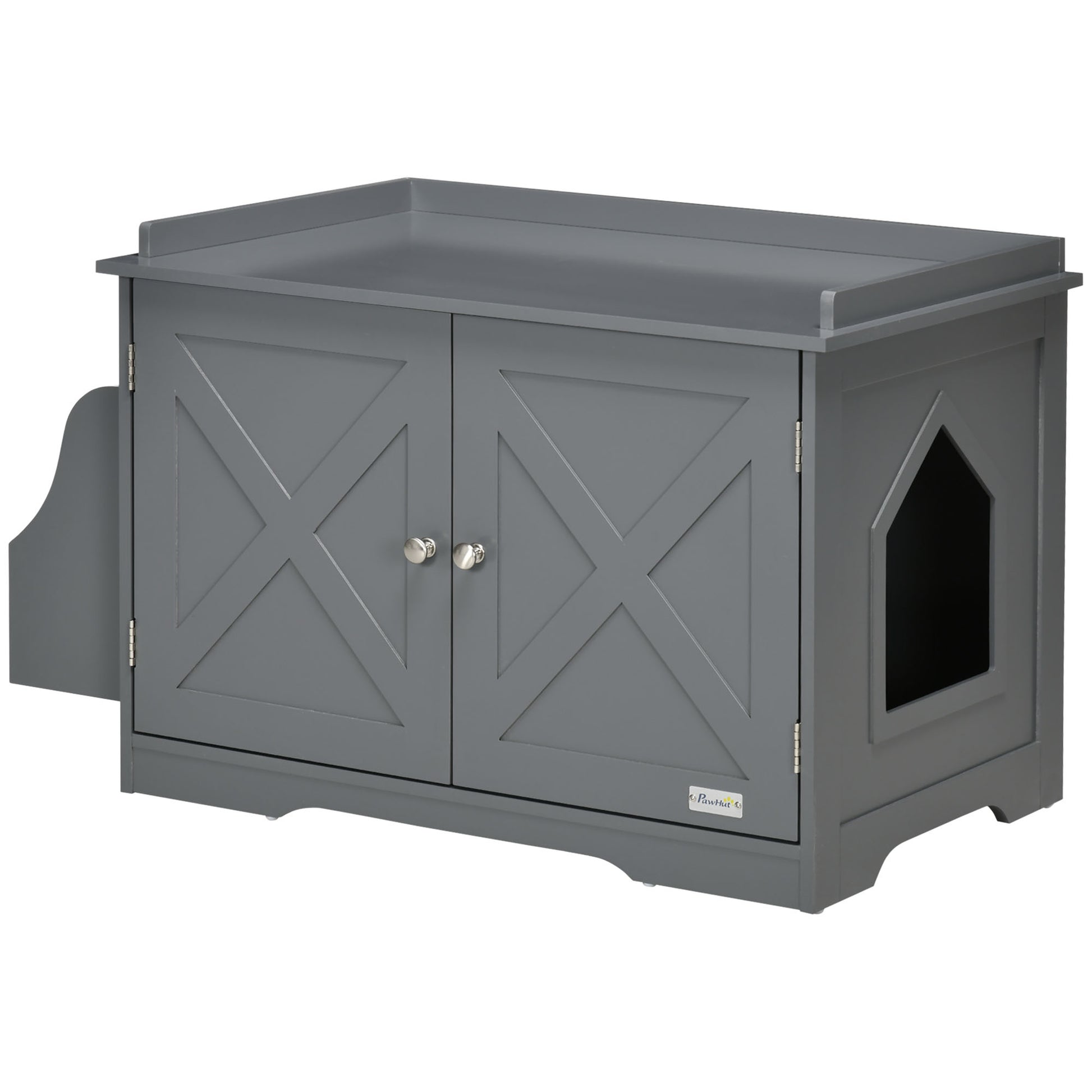 Pawhut Wide & Large Cat Litter Box Furniture Hidden Farmhouse Table With Magnetic Doors, Big Covered Kitty Litter Box Enclosure Cabinet With Shelves, Pet Furniture Cat Gift Side Table, Grey Grey Mdf