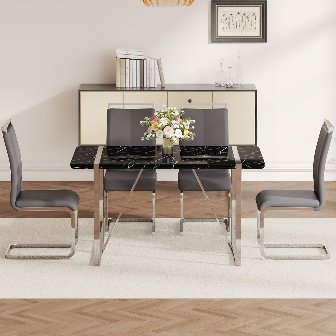 Table And Chair Set.A Rustic Industrial Rectangular Mdf Black Dining Table With Mdf Desktop And Electroplated Silver Metal Legs.Paried With 4 Chairs With Pu Cushion And Metal Legs. Black,Dark Gray,Silver Seats 4 Mdf Metal