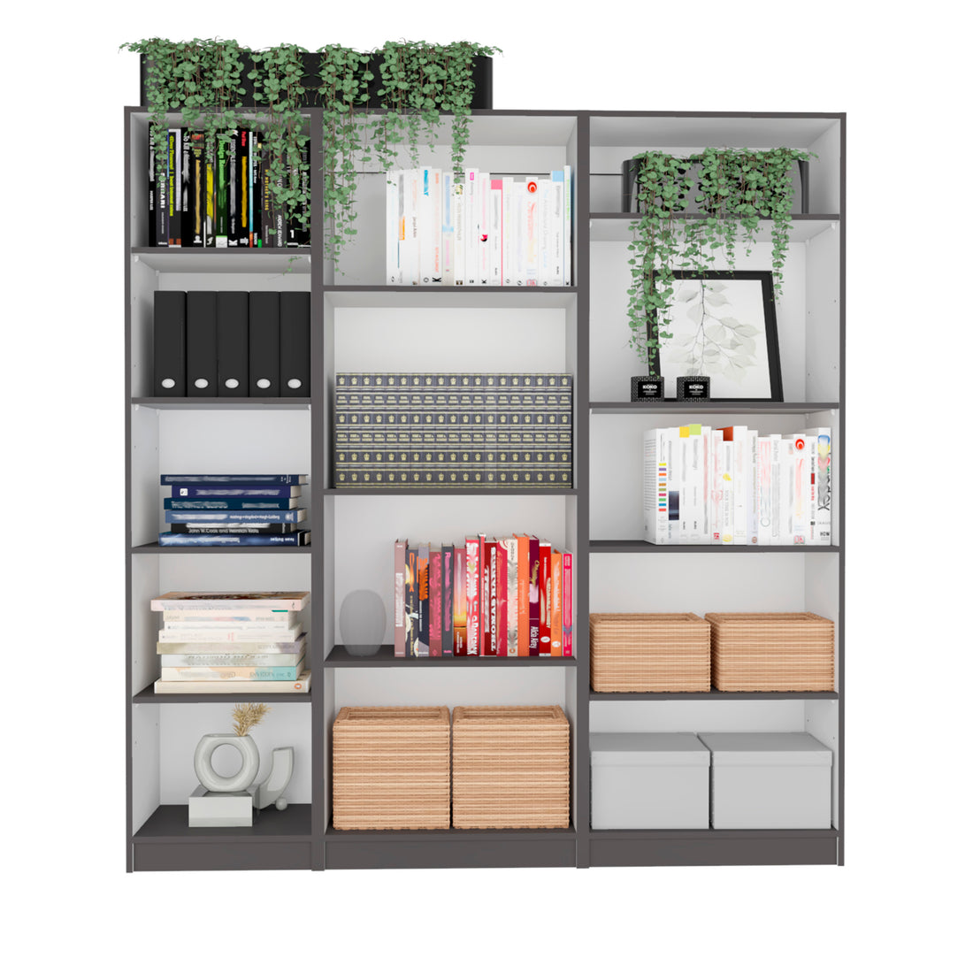 Dupree 3 Piece Home Bookcase Set, 67" Wide With 14 Shelvesliving Room Set Set Mat Gray White Freestanding 5 Or More Shelves Multicolor Office Open Storage Space Modern Particle Board