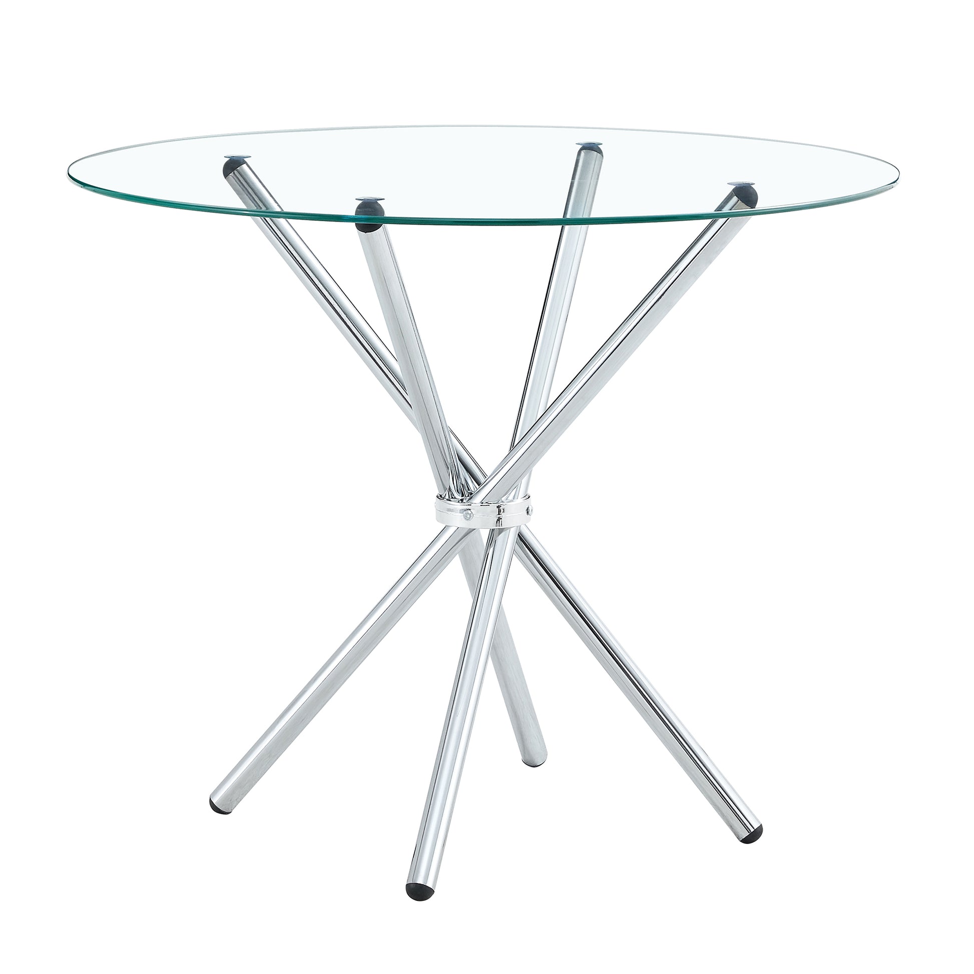 Round Clear Glass Dining Table With A Unique Shape For 4 6 People, With Ring Shaped Gathered Silver Metal Legs, Suitable For Desks, Kitchens, Terraces, Dining Rooms. Silver Glass Metal